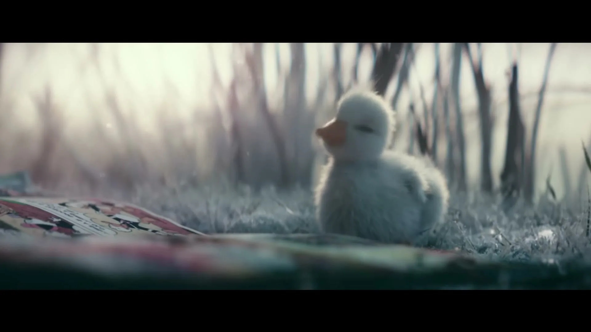 A fluffy white duckling sits on a colorful open book in a grassy field, then stands up and flaps its wings.