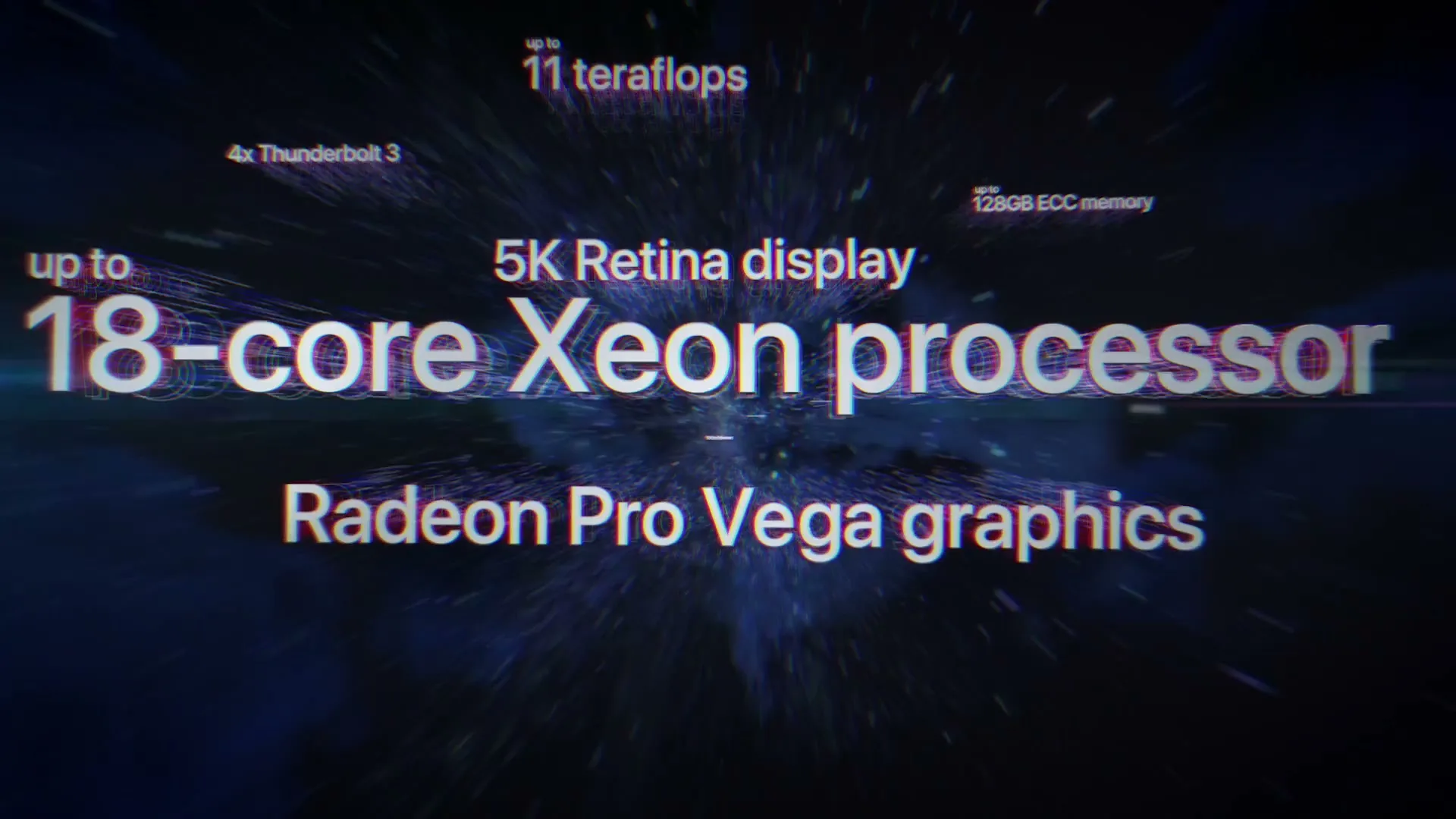 Text about the iMac Pro's features appears and then converges into a bright light, creating a dynamic visual effect.