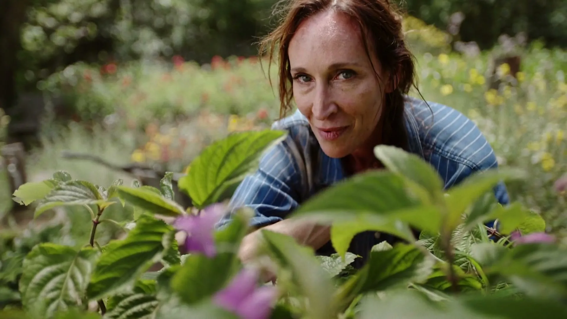 A woman with red hair and a blue striped shirt smiles at the camera from behind green plants in a garden.