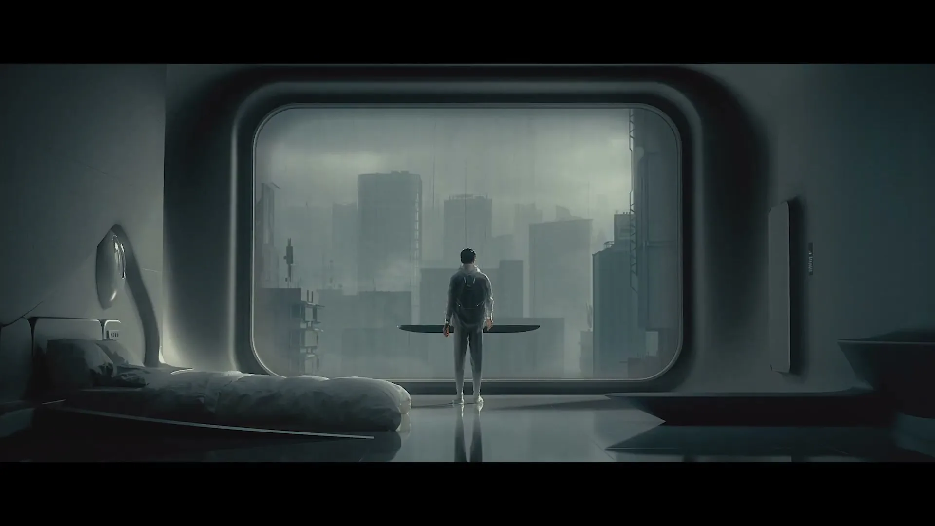 A man in a futuristic room stands looking out a large window at a grey, dystopian city.