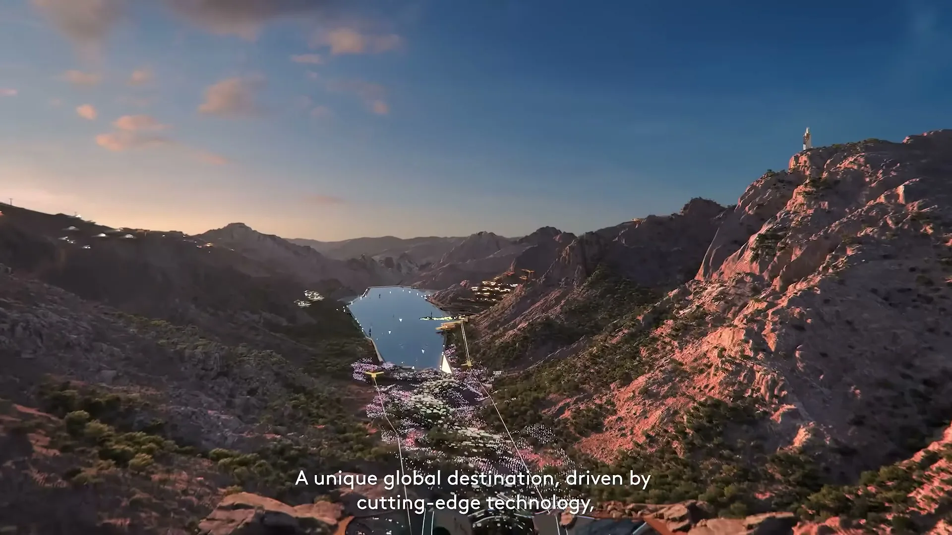 An aerial shot of a futuristic city with a long, narrow lake in the middle, surrounded by mountains, at sunset.