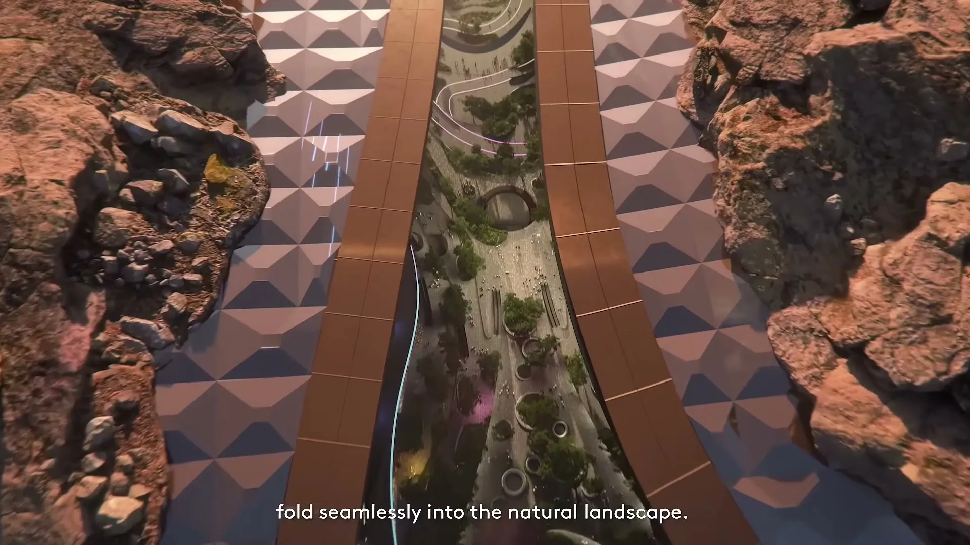 An extreme wide, overhead shot of a futuristic city nestled between rocky mountains, with text overlay.