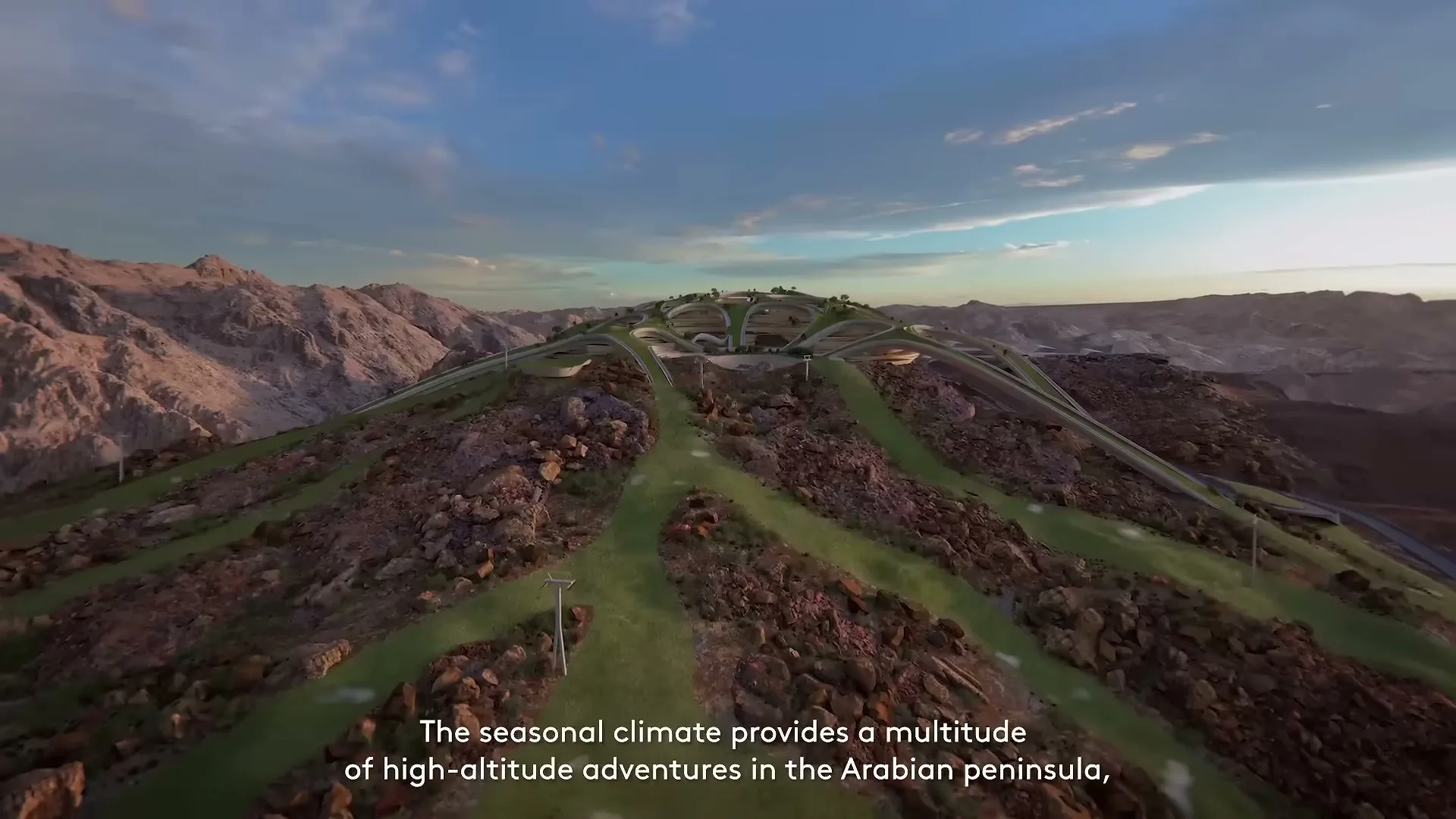 An aerial view of a futuristic mountain resort with green ski slopes and buildings integrated into the rocky landscape under a blue sky.