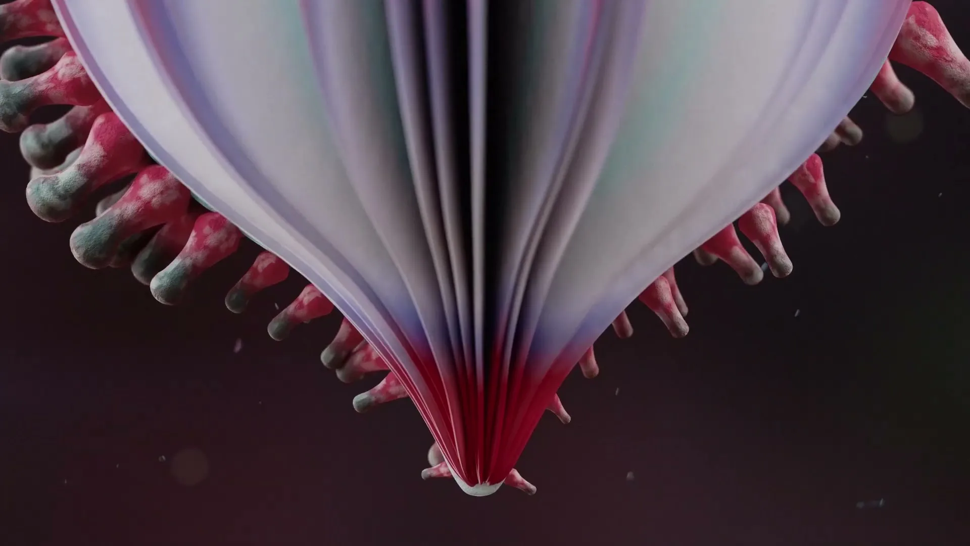 A close-up shot of a fantastical, organic-looking object with pink and green tentacles, resembling a book opening or closing, against a dark background.