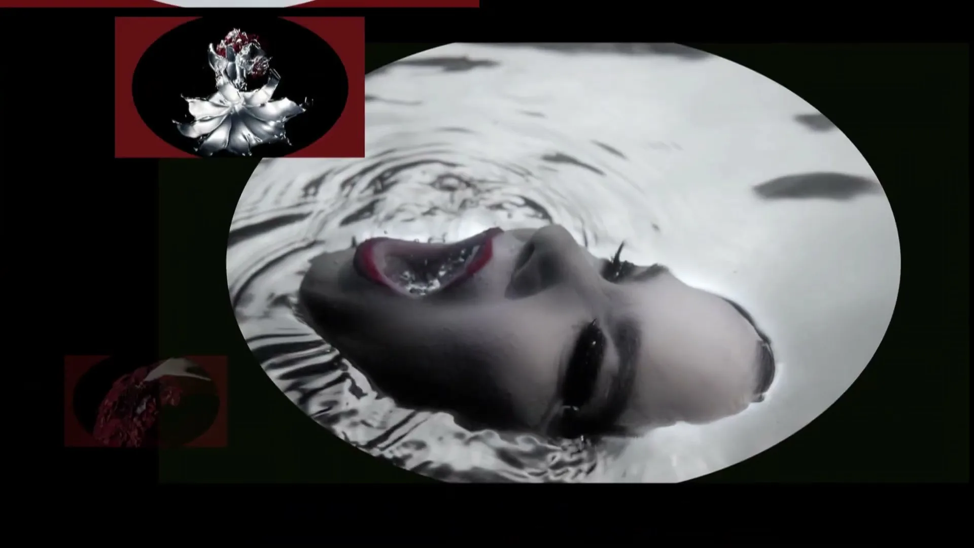 A split screen shows a woman's face floating in water, a silver-winged figure, and abstract red shapes, creating a surreal, artistic collage.