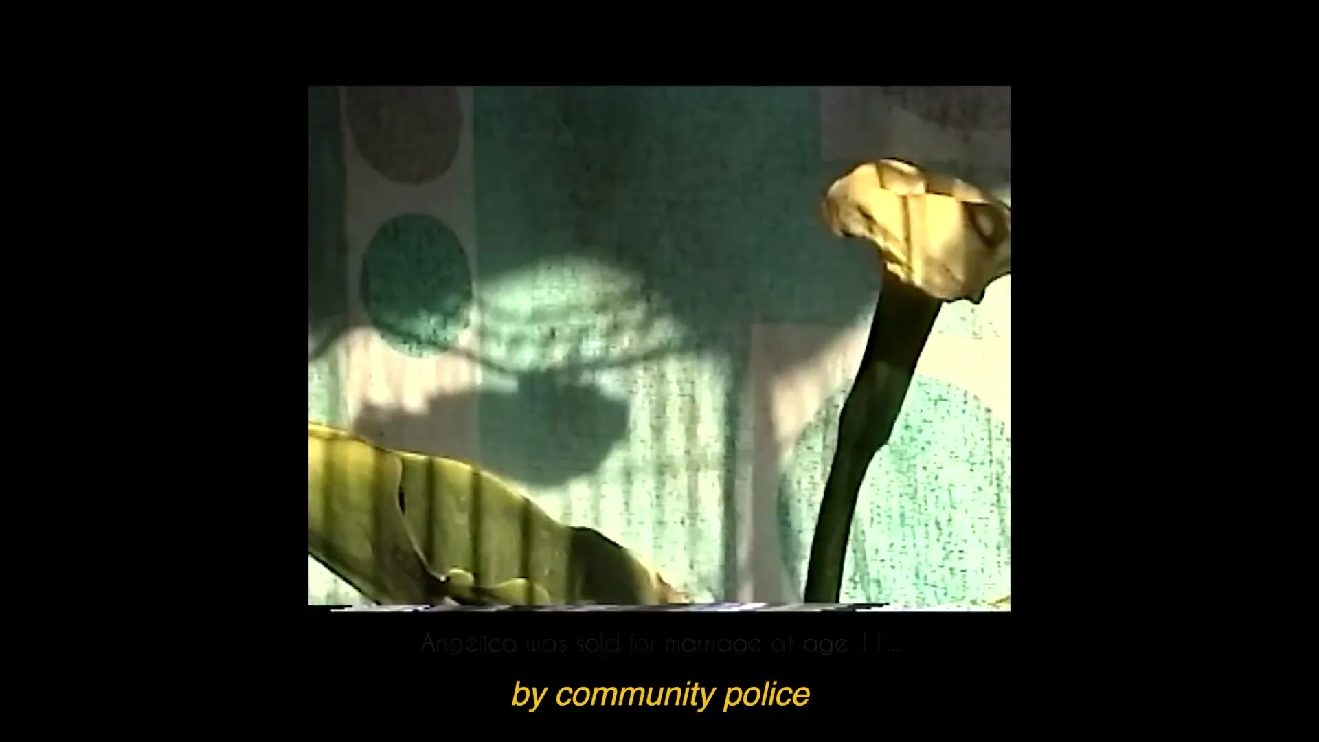 A blurry, grainy, archival footage-style shot shows a plant with a yellow flower and green leaves against a patterned wall, with text overlayed.
