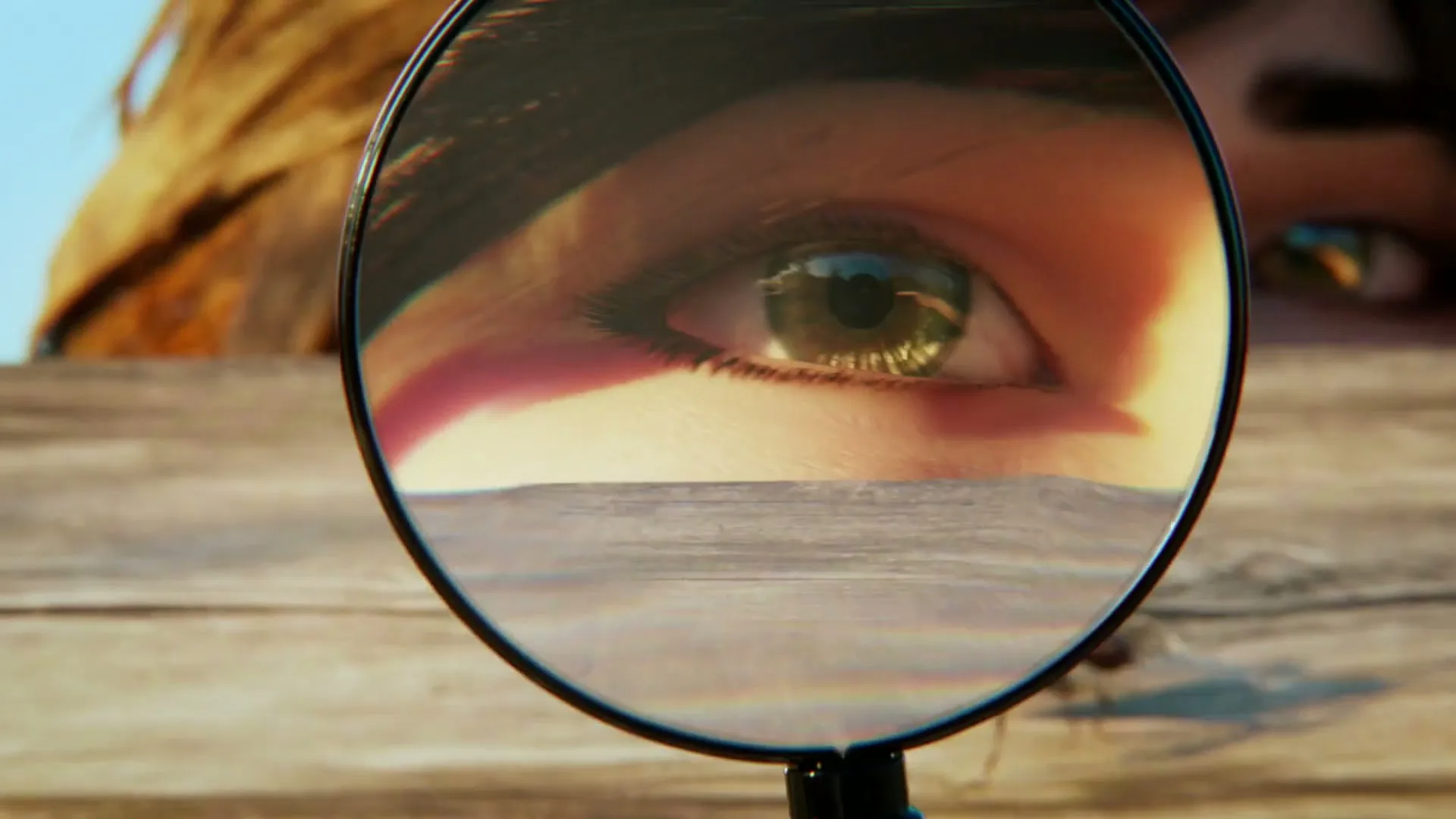A young girl with glasses and pigtails looks through a magnifying glass at an ant on a wooden surface, then rides a bicycle through a park.