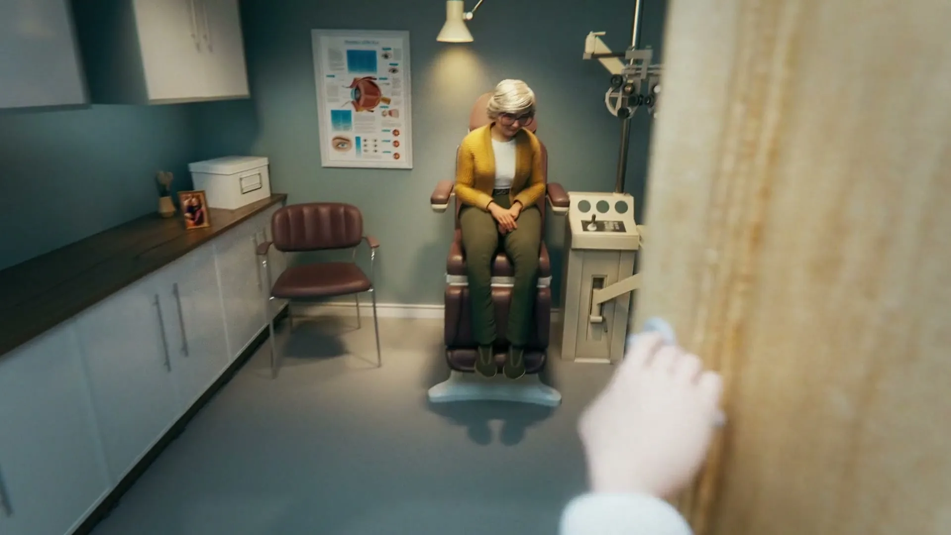 A first-person perspective shot shows a hand opening a wooden door to reveal a female patient sitting in an eye exam chair in a doctor's office.