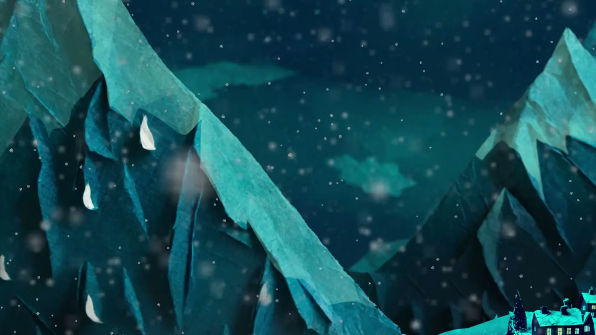 A stop-motion animation shot shows a snowy mountain village at night, with a car driving past a bar and a clock tower.