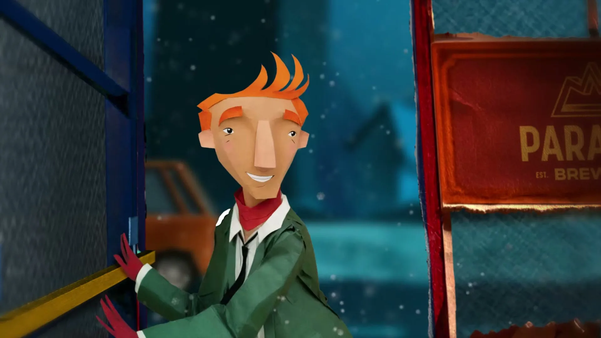A papercraft man with orange hair and a green coat smiles while holding open a blue door, with snow falling outside.