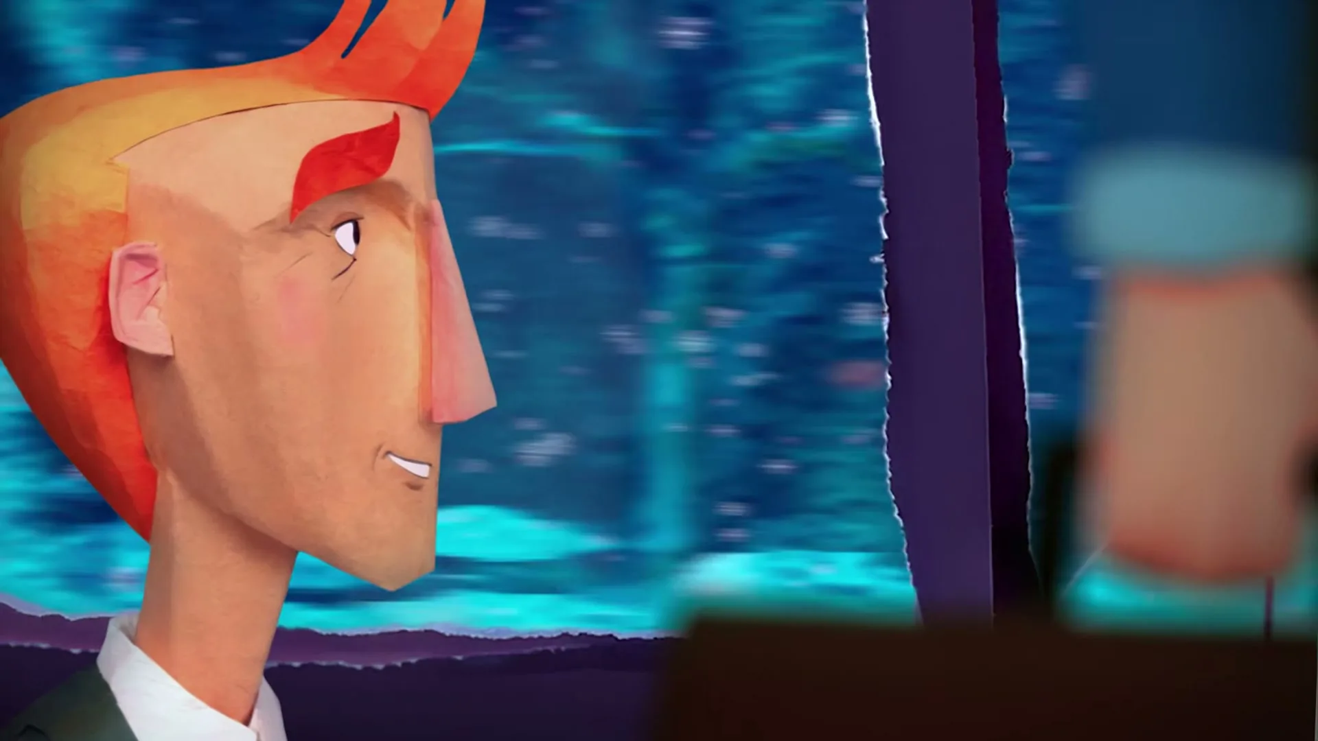 A papercraft man with orange hair looks out a train window at a blurry blue landscape, then turns his head down sadly.