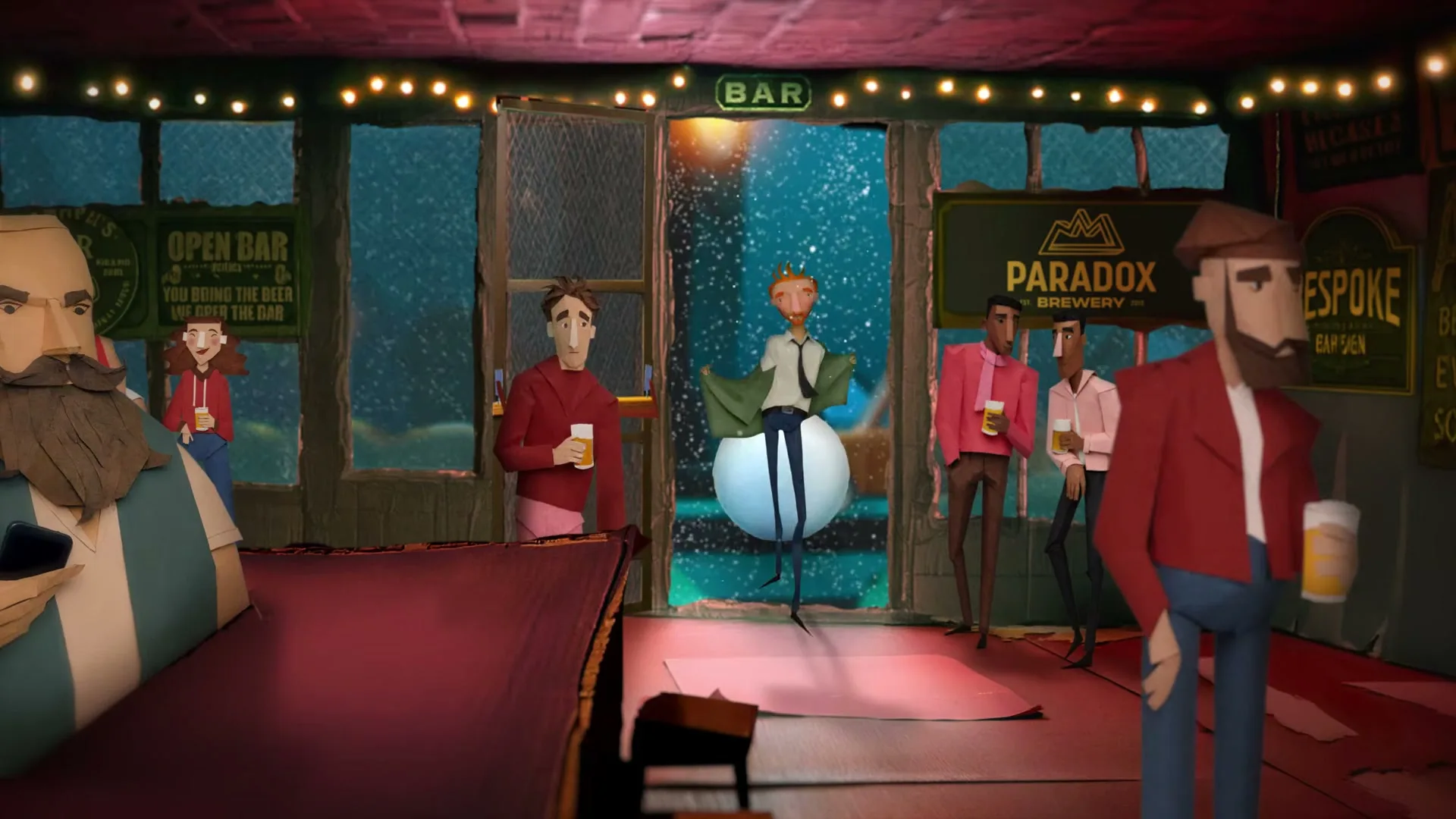 A man on a giant snowball enters a bar, surprising patrons, while others drink and chat in a stylized animated scene.