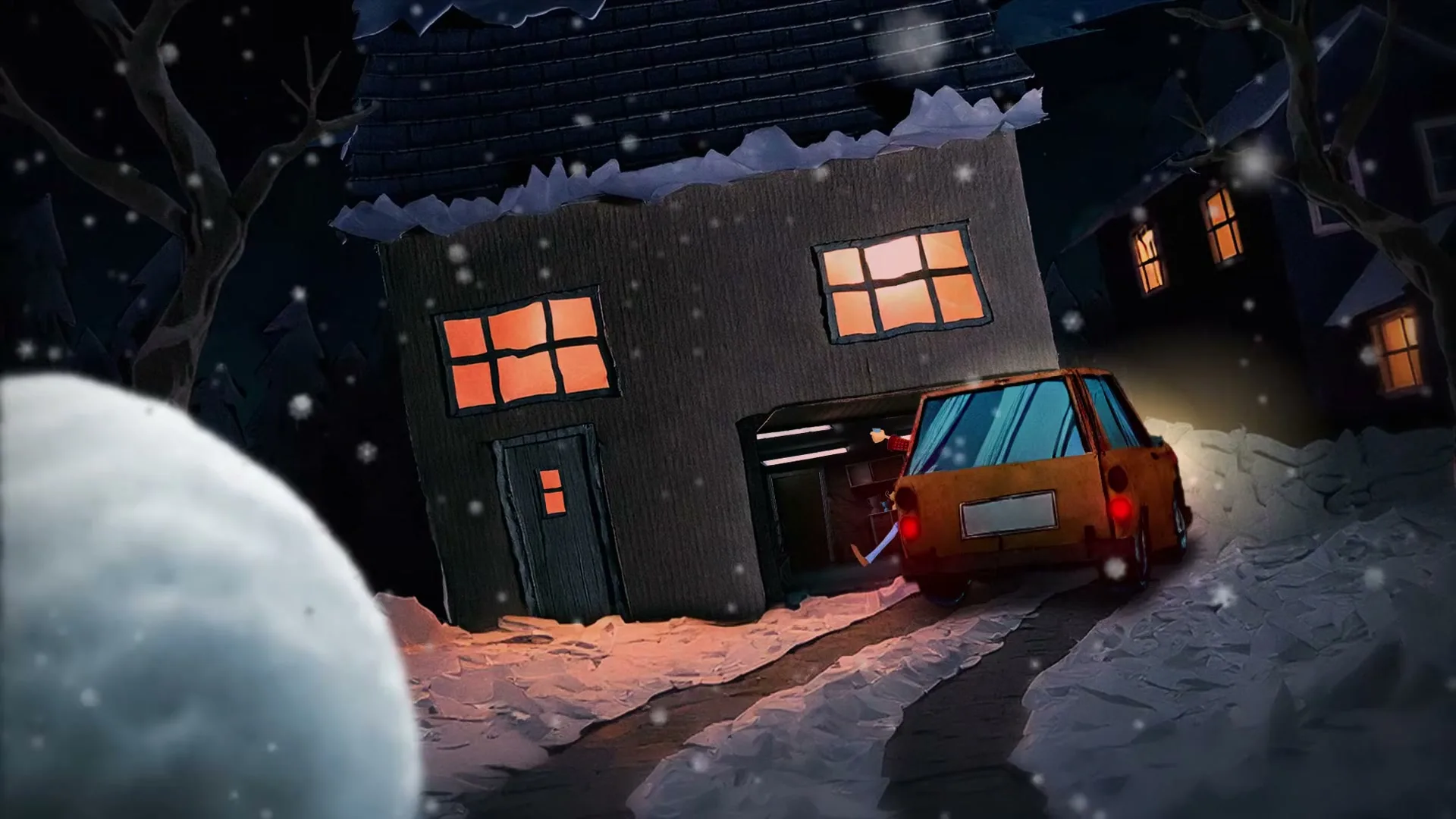 A small, brown car drives up a snowy driveway towards a house with glowing windows, as a person emerges from the garage pushing a large snowball.