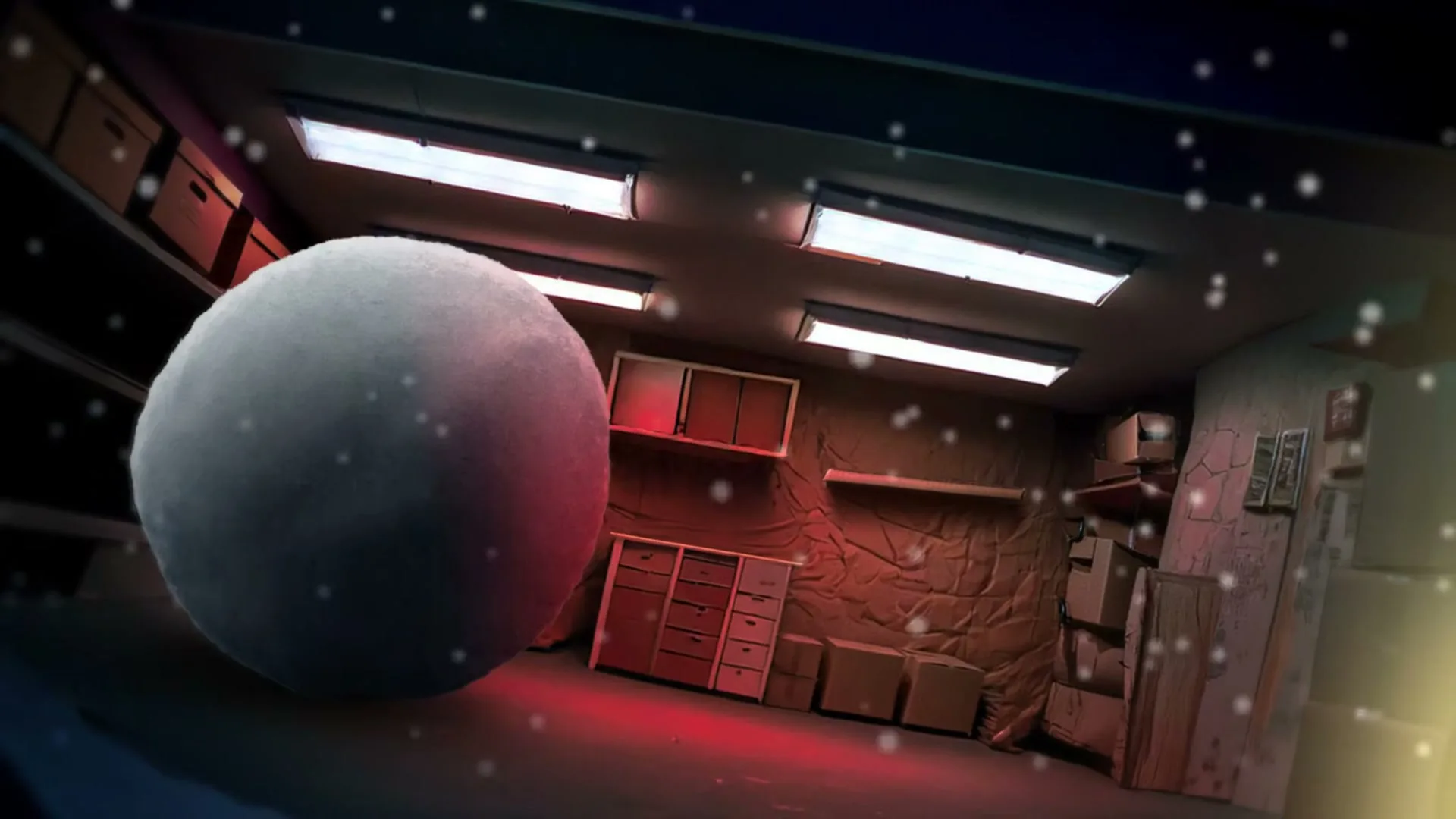 A large, white snowball with small blue feet rolls across a dark, cluttered storage room with red lighting and falling snow.