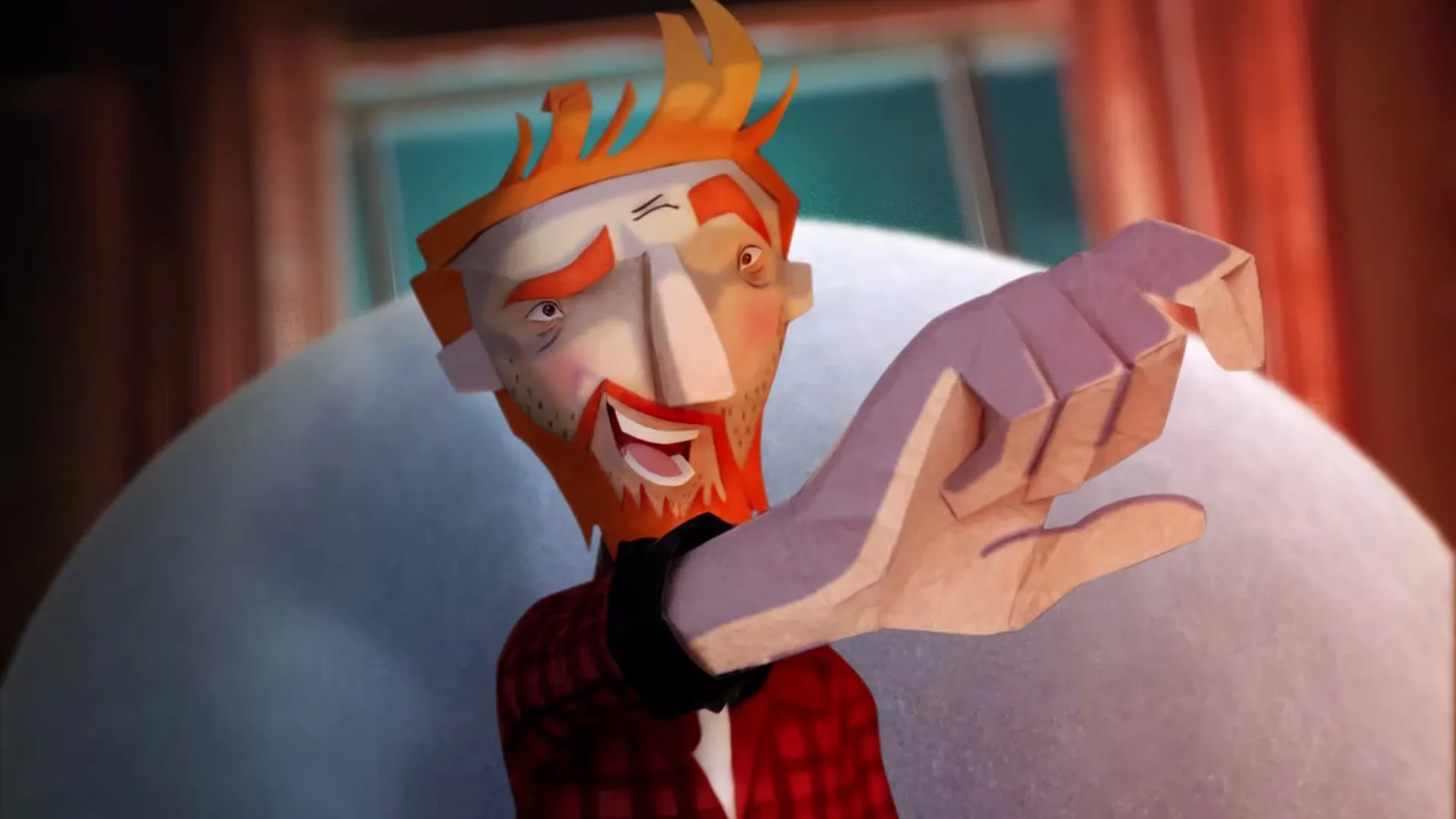 A stylized animated man with a red beard and plaid shirt gestures with his hand, looking directly at the viewer in a warm, inviting interior setting.
