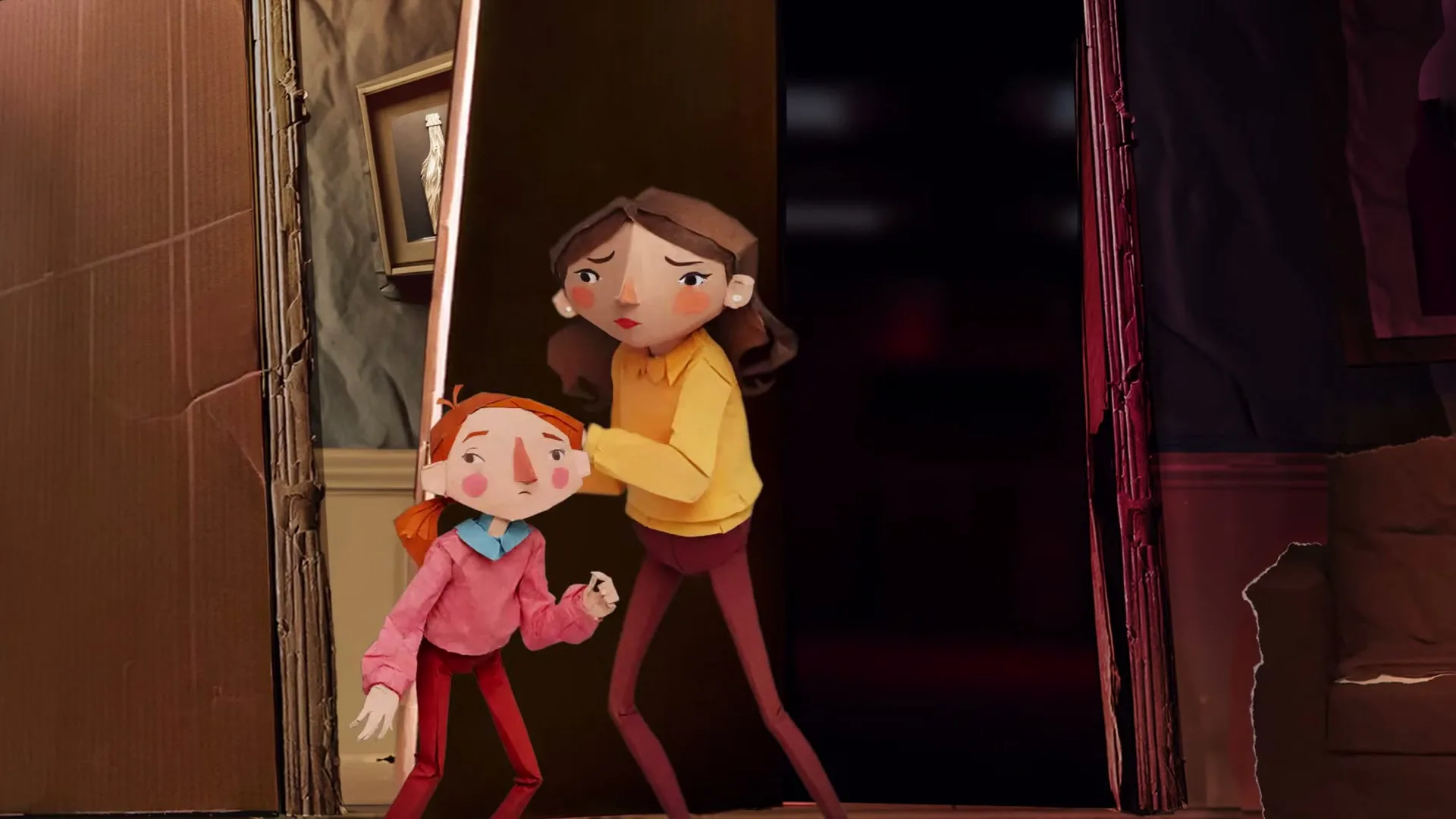 A paper cutout man with red hair runs past a bookshelf, followed by a woman and child, all looking distressed in a dark, stylized room.