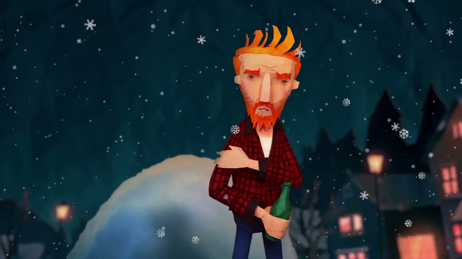 A paper cutout-style animated man with a red beard and plaid shirt shivers while holding a green bottle in a snowy village at night.