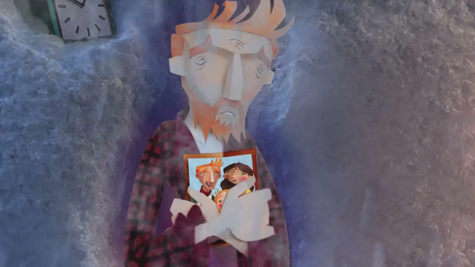A paper cutout man with a beard and plaid shirt holds a framed photo of a family, surrounded by icy water and a clock.