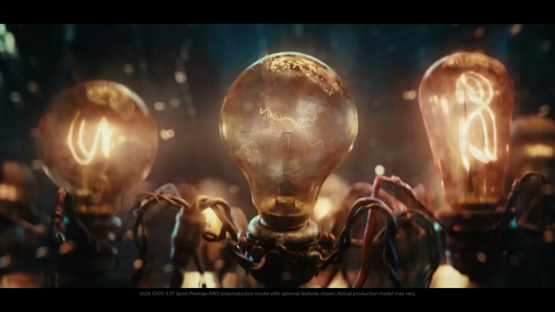 A close-up shot of several steampunk-style lightbulbs with mechanical legs, glowing brightly in a dark, mysterious setting.