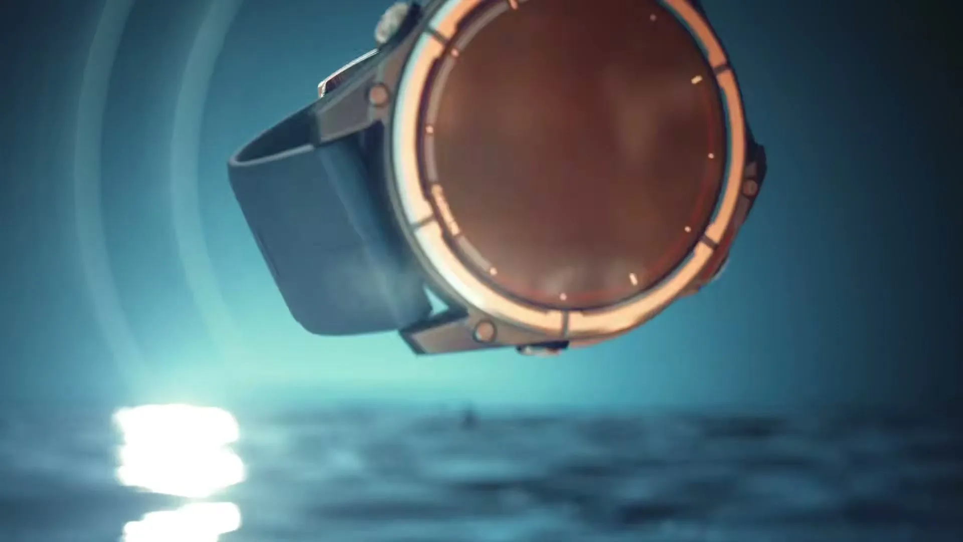 A Garmin Quatix 8 smartwatch is shown in a studio void, with text appearing and disappearing on its screen, against a bright light source and a dark background.