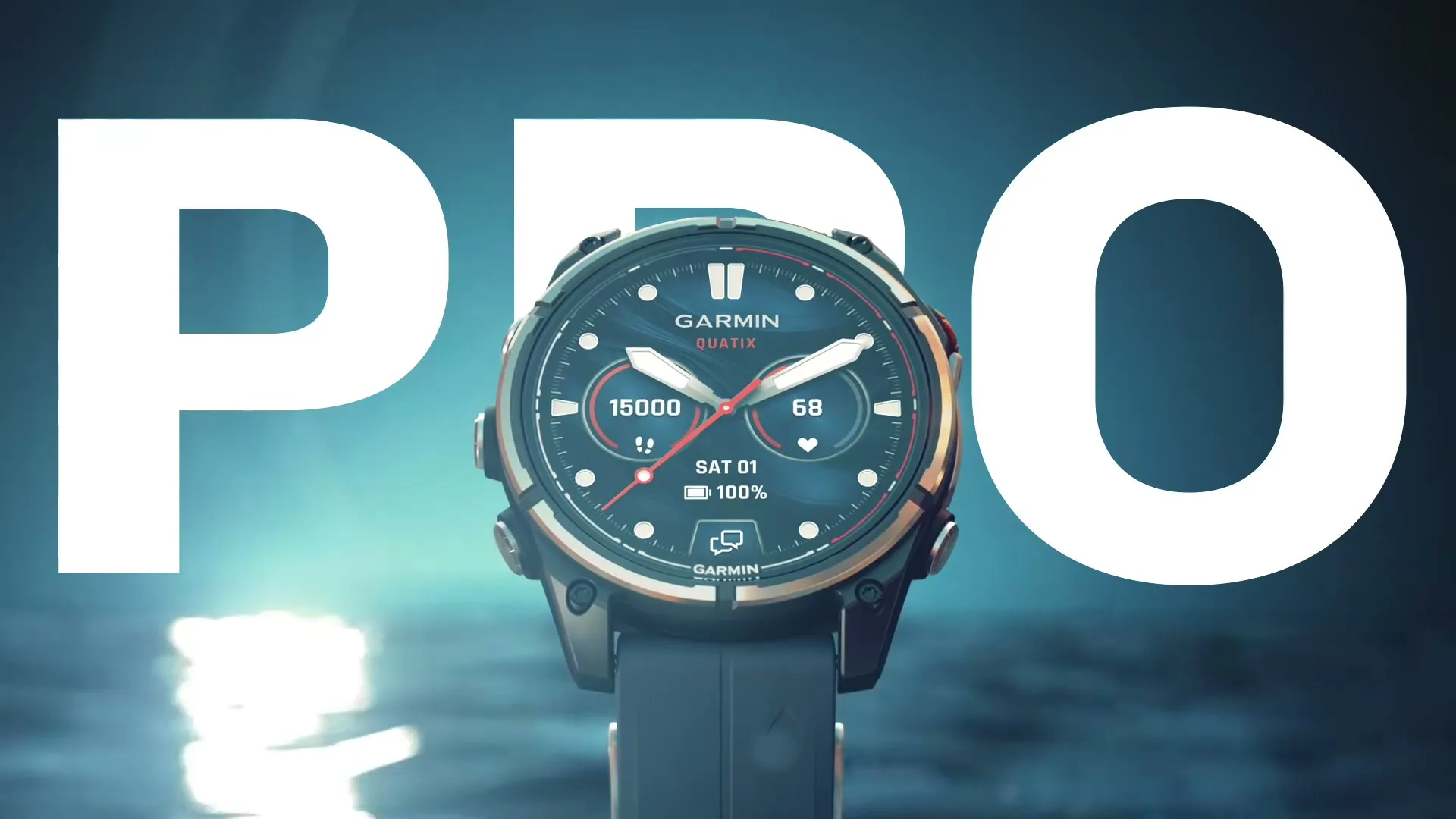A Garmin Quatix smartwatch is shown in a medium shot, with the word "PRO" in large white letters behind it, against a blue background with a bright reflection.