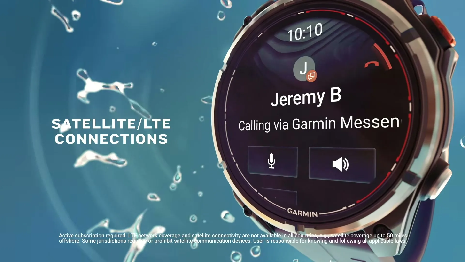 A close-up shot of a Garmin smartwatch displaying an incoming call from "Jeremy B" via Garmin Messen, with "SATELLITE/LTE CONNECTIONS" text on the left.
