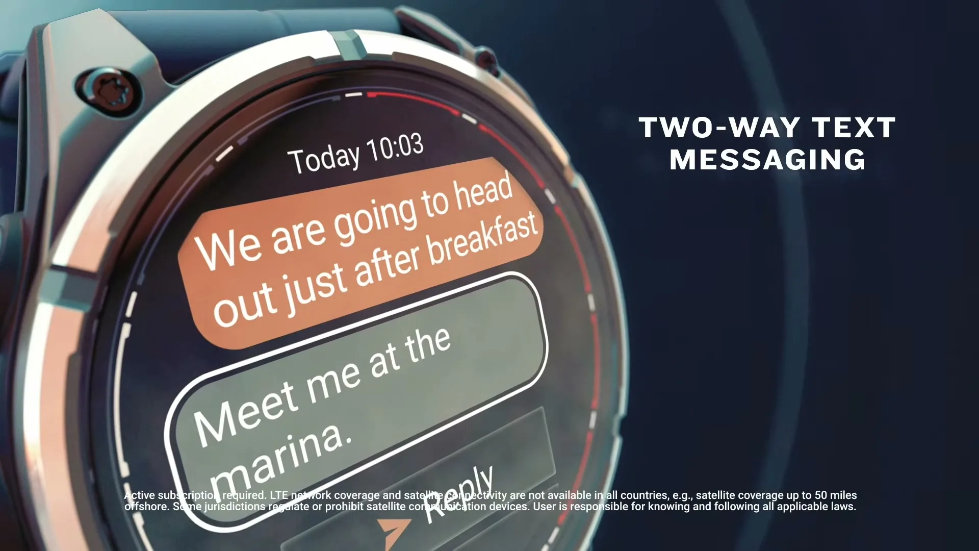 A close-up shot of a Garmin smartwatch screen displaying a two-way text message conversation, with a blue background.