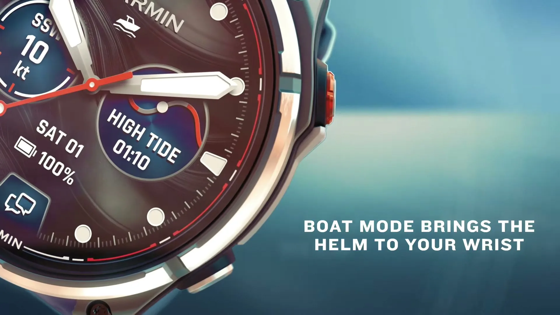 A close-up shot of a Garmin smartwatch displaying "HIGH TIDE" and other marine data, with text "BOAT MODE BRINGS THE HELM TO YOUR WRIST" on a blue background.