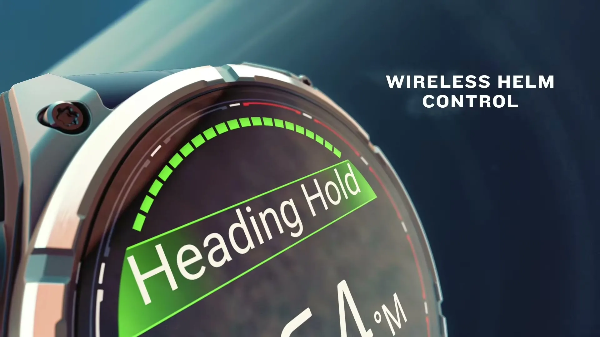 A close-up of a Garmin smartwatch screen displaying "Heading Hold" and "WIRELESS HELM CONTROL" text.