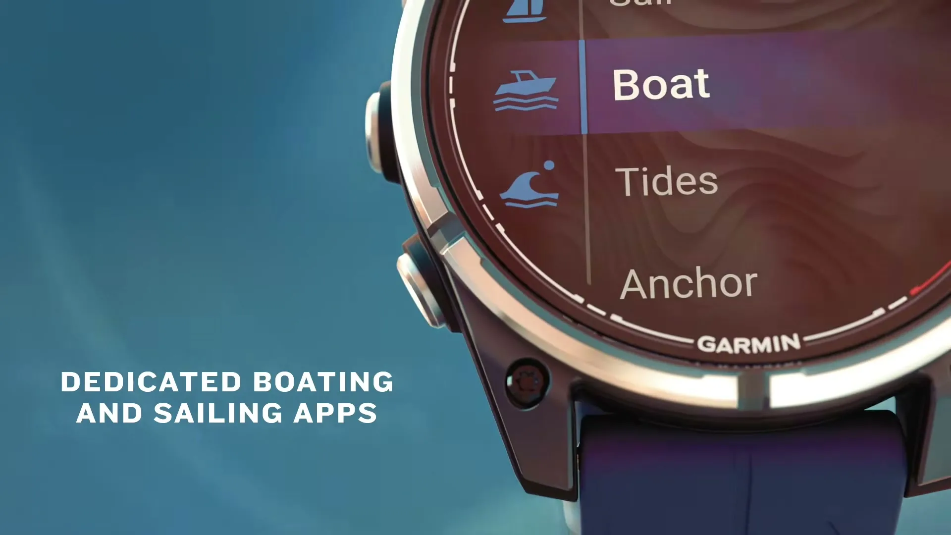 A close-up shot of a Garmin smartwatch displaying boating and sailing apps, with the word "Boat" highlighted on a blue background.