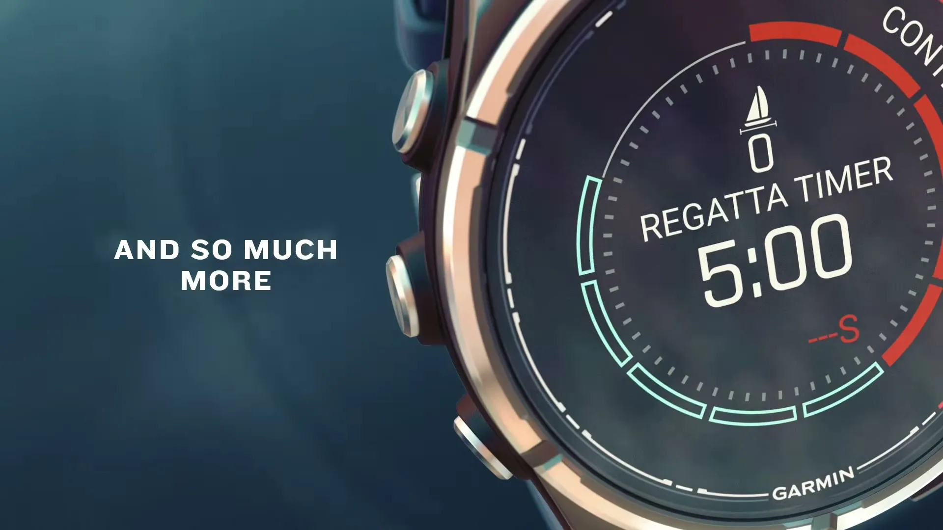 A close-up shot of a Garmin smartwatch displaying a "REGATTA TIMER" with "5:00" on its screen, with the text "AND SO MUCH MORE" on the left.