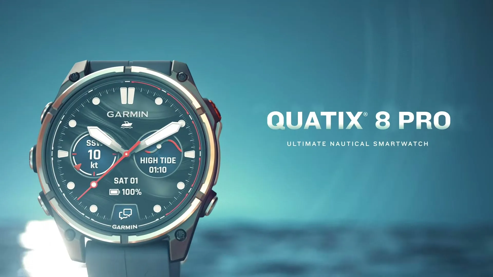 A close-up shot of a Garmin Quatix 8 Pro smartwatch, displaying nautical information, against a blurred blue background with text overlay.