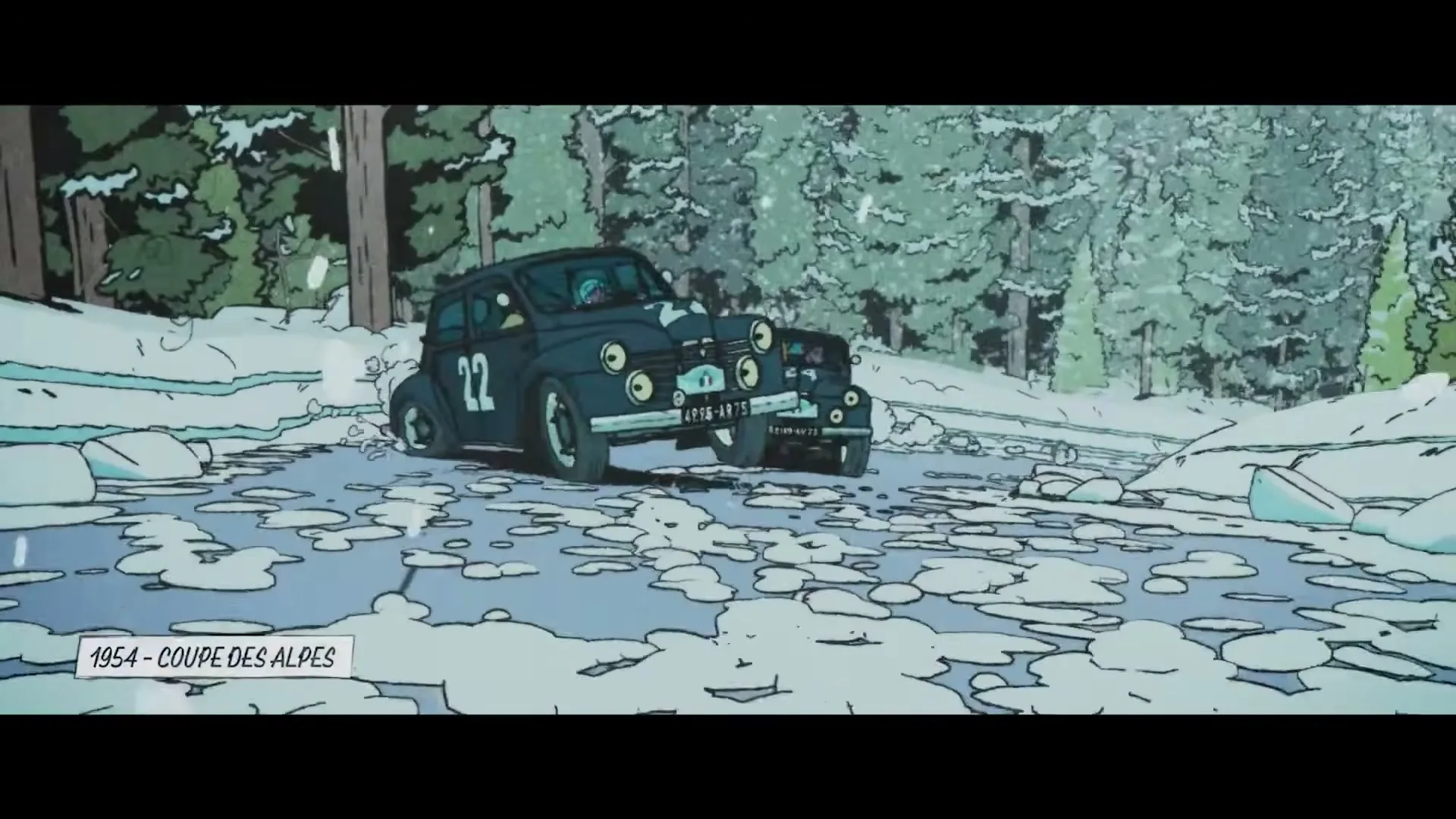 Two cartoon cars race on a snowy mountain road, one passing the other, with pine trees in the background.