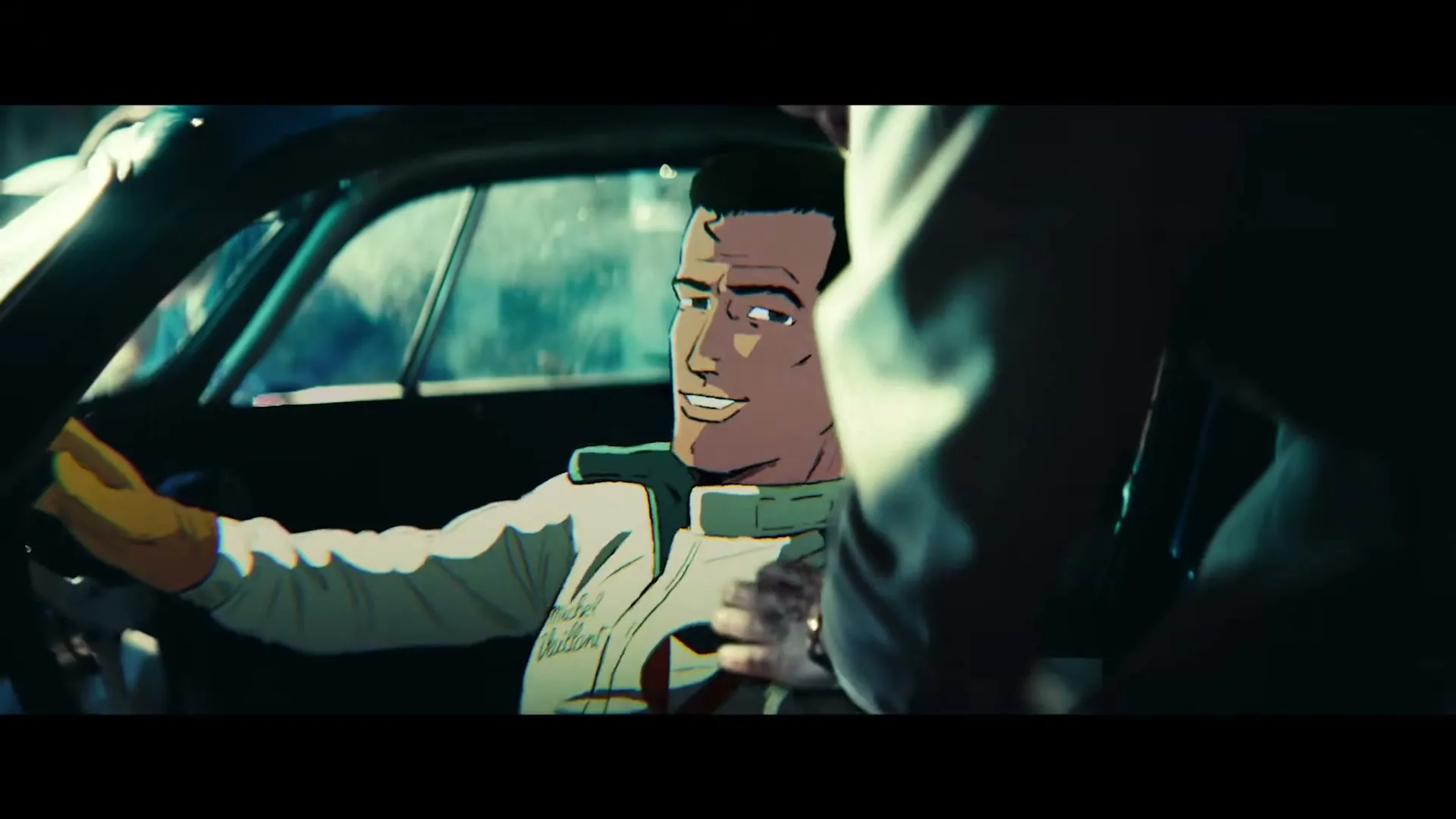 An animated male race car driver in a white suit smiles while sitting in a car, as a hand reaches in from the right.
