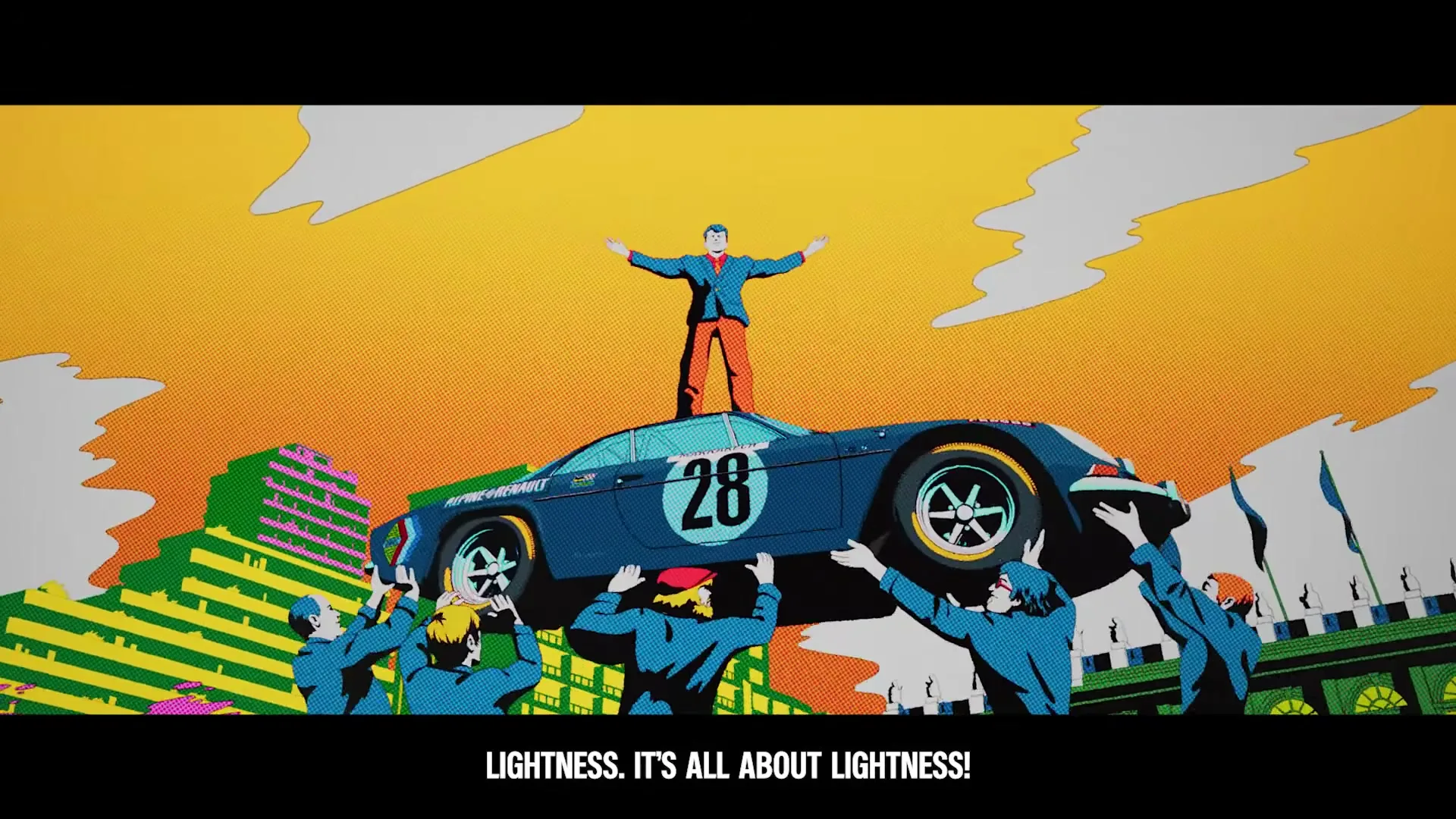 A stylized animated man in a suit stands triumphantly on top of a blue race car, surrounded by other men lifting the car, then the car speeds away with colorful streaks.