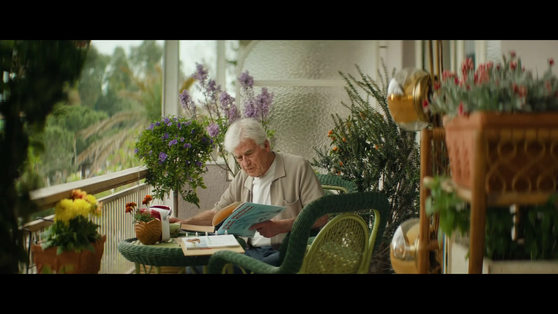 An elderly man with white hair sits on a balcony, reading a book and drinking from a teacup, surrounded by potted plants.
