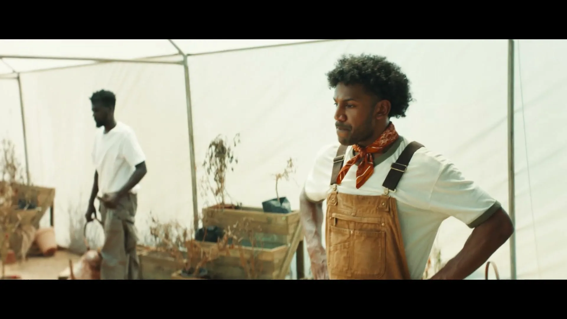 A man with curly hair and overalls looks around a greenhouse with dead plants, while another man waters a plant in the background.