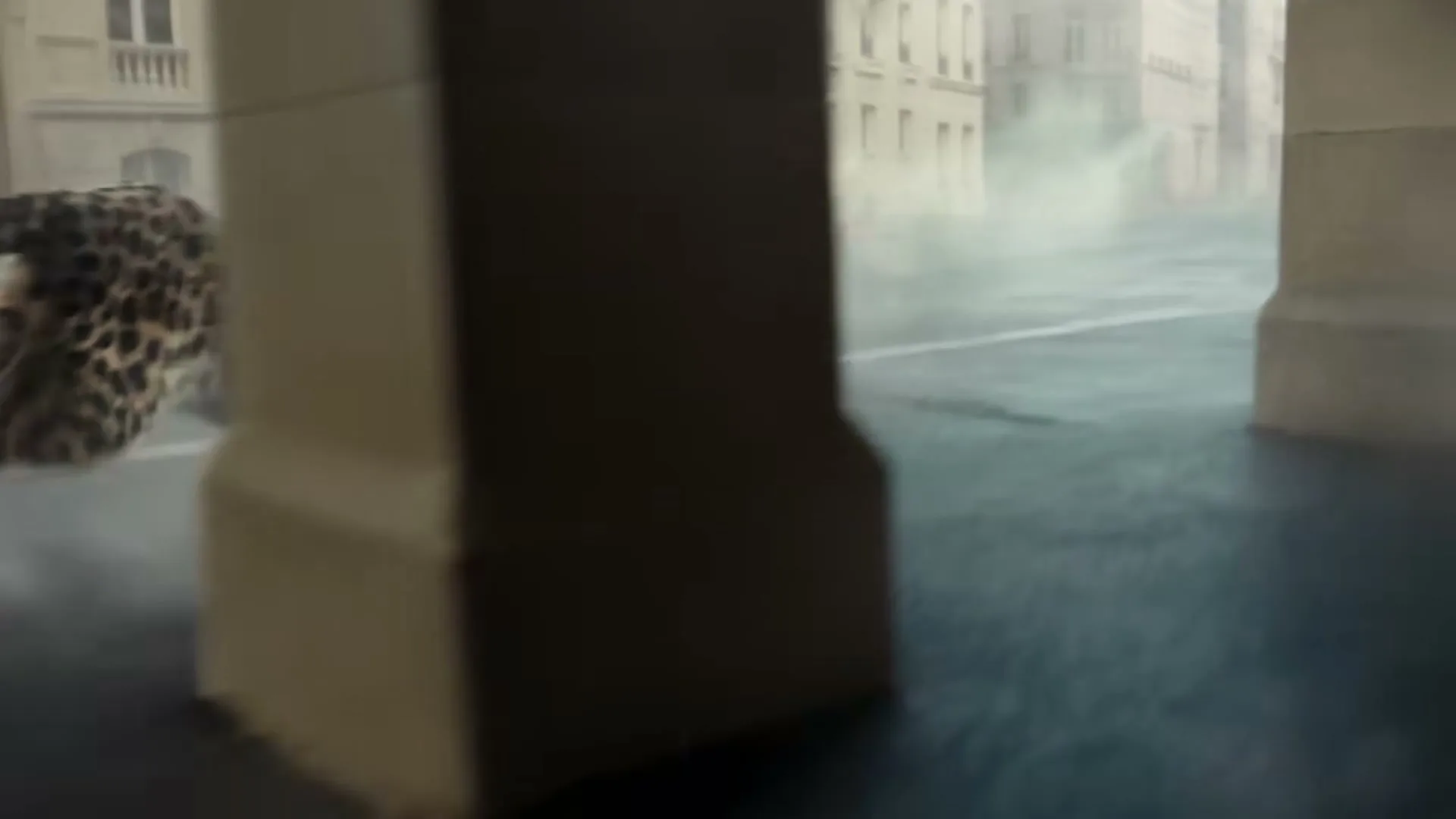 A CGI leopard runs quickly through a misty, empty Parisian street, passing between two stone pillars.