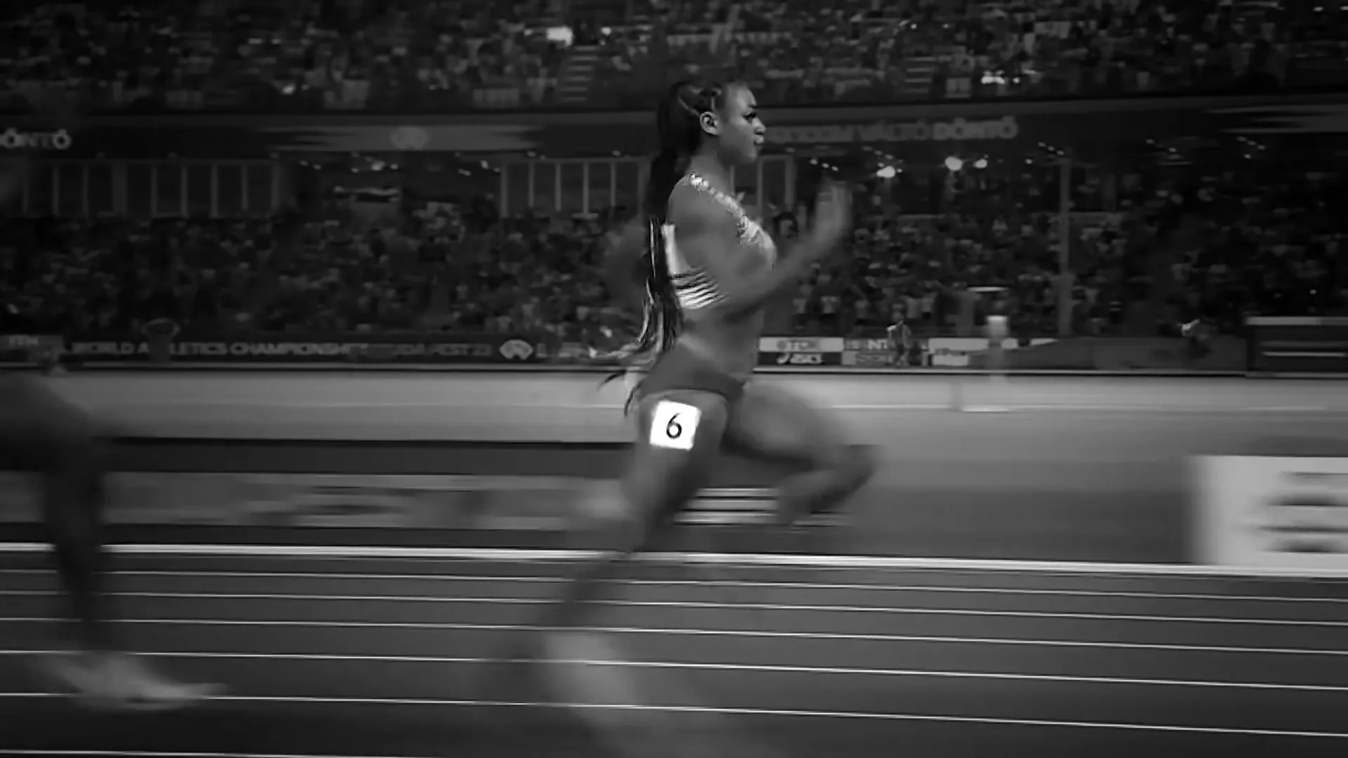 A black and white montage of three female athletes: a basketball player, a runner, and a tennis player, each in their respective sports.