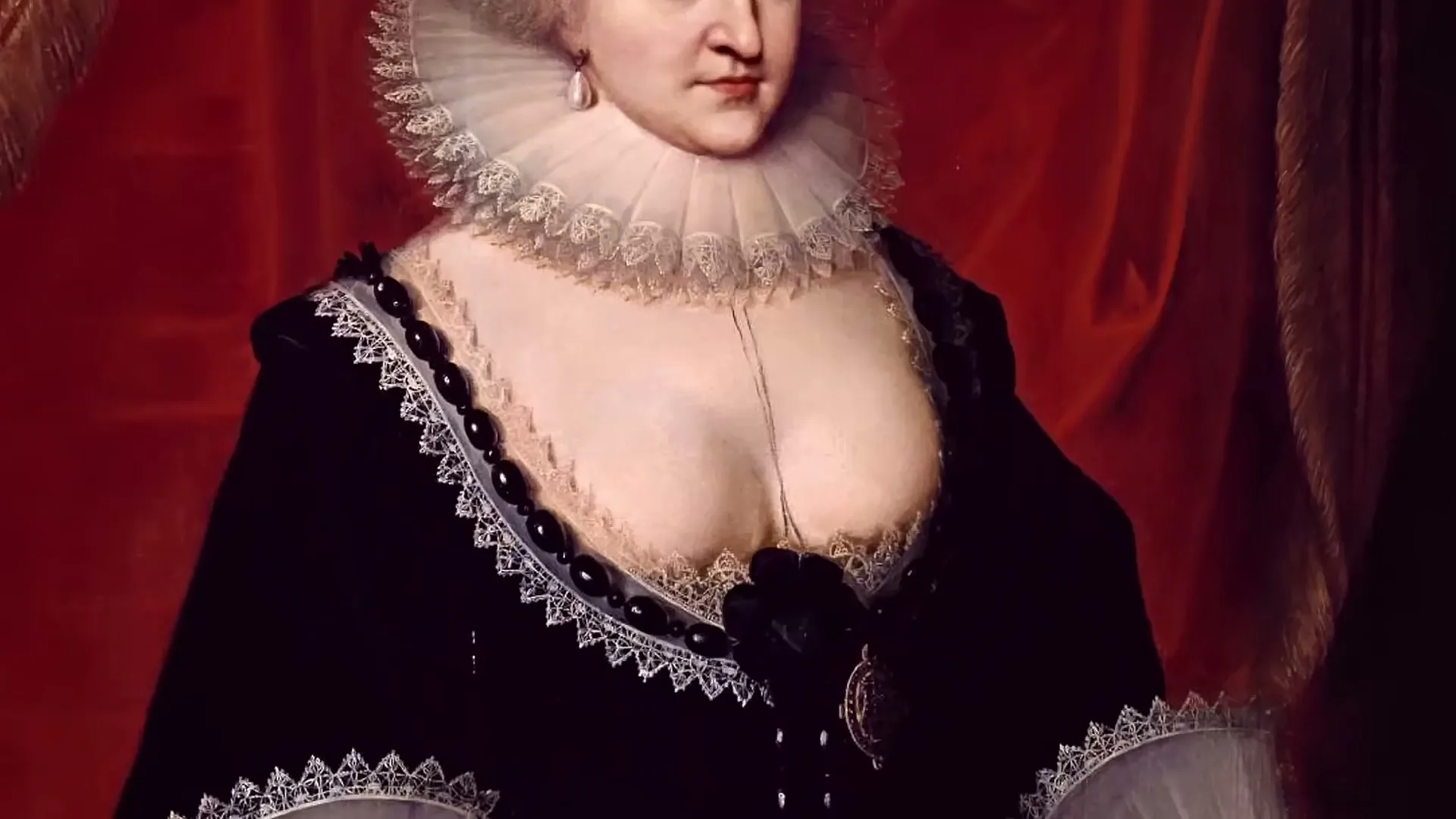 A painted portrait of a woman in historical attire with a ruffled collar and dark dress is shown, with a red background.