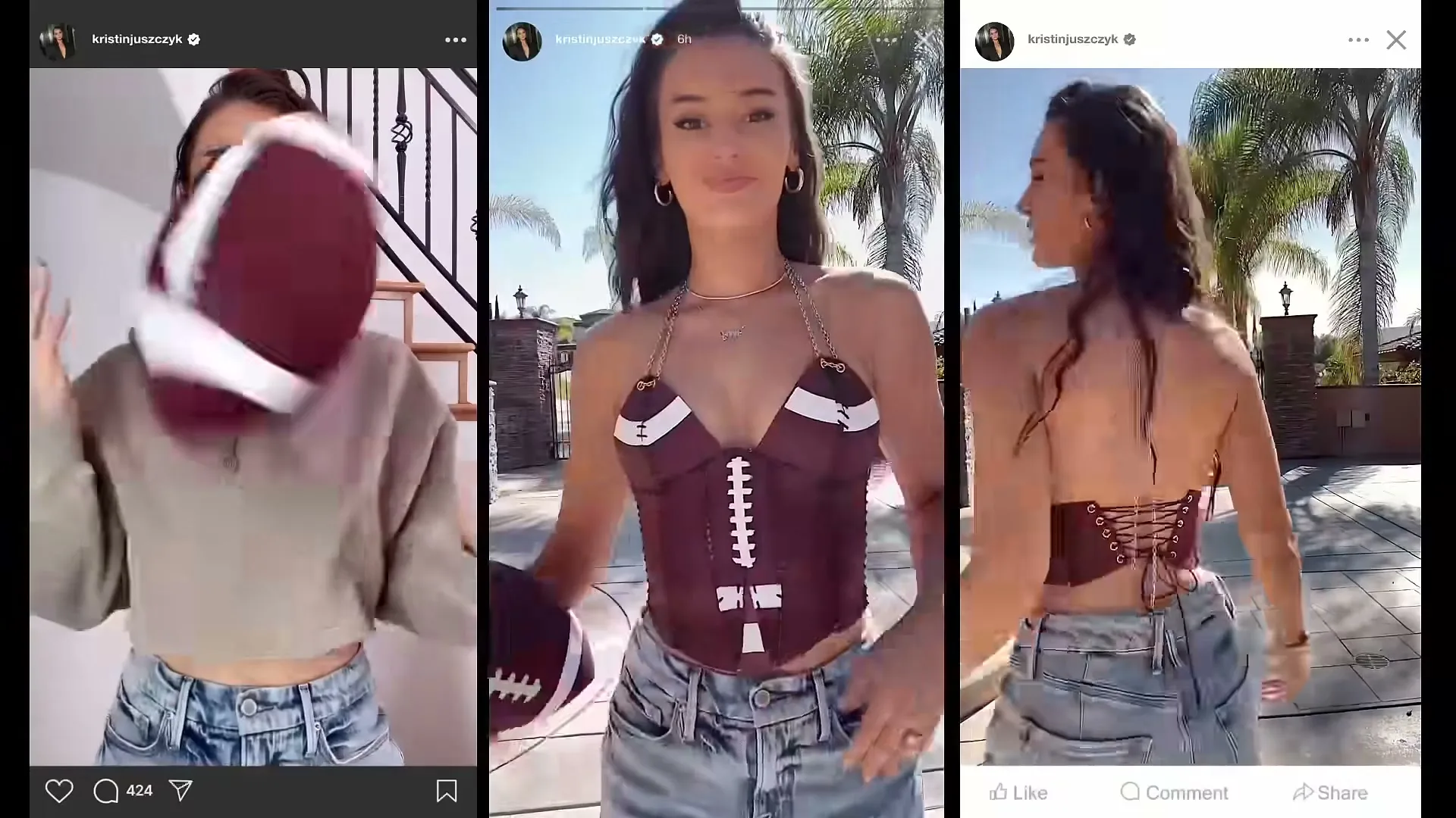 A young woman in a football-themed outfit dances and poses with a football in a split-screen social media video.