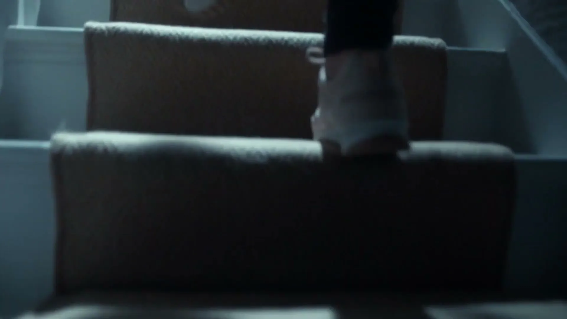 A person's feet in light-colored sneakers and dark pants walk up a carpeted staircase in a dimly lit interior.