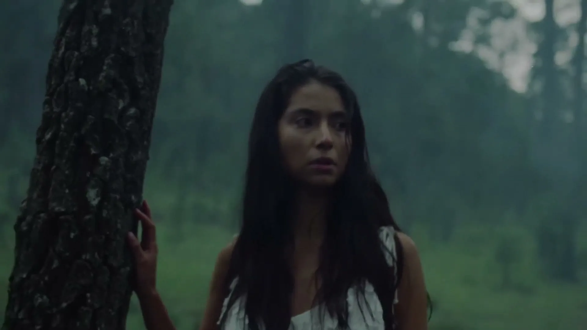A young woman with long dark hair, wearing a white dress, stands next to a tree in a misty forest, looking around with a worried expression.
