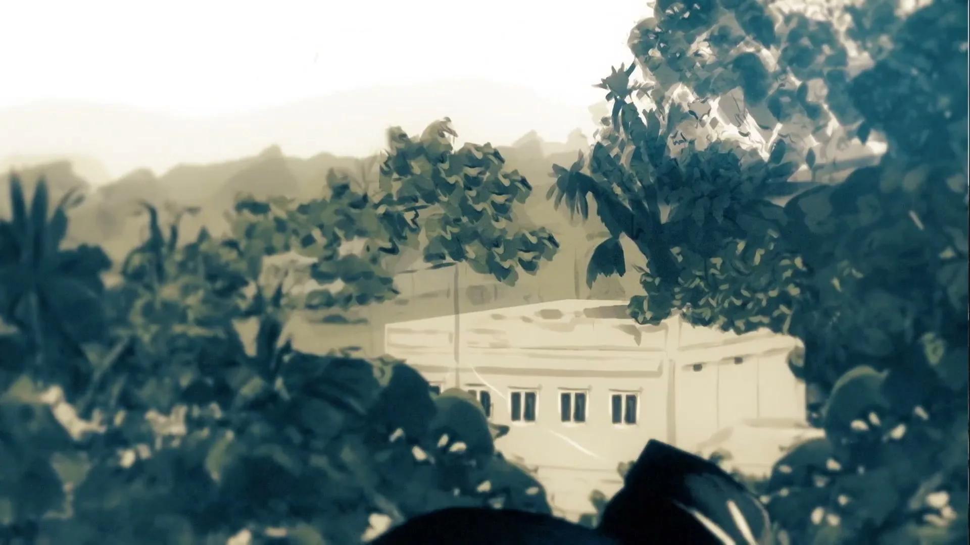 A silhouette of a man in a cap and beard, with hands raised in prayer, is seen against a backdrop of a building and trees.