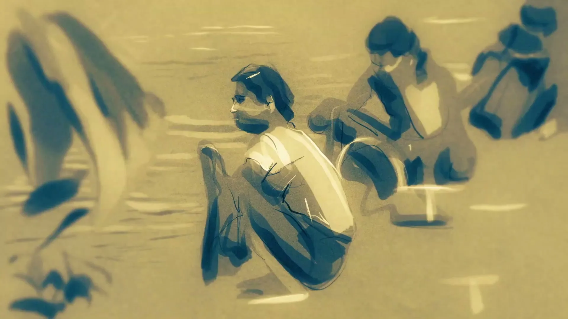 Three people, possibly children or teens, are squatting on the ground, looking towards the left side of the frame in a stylized animated scene.