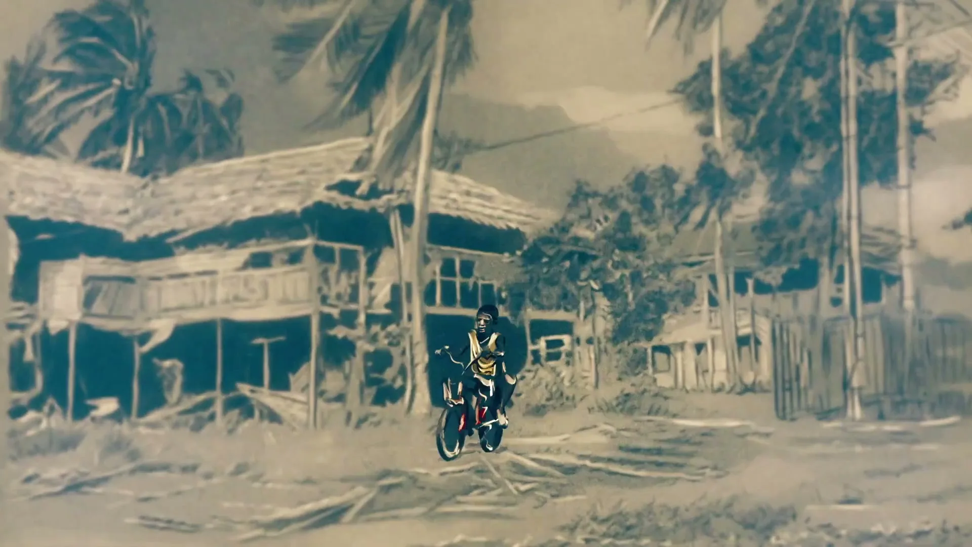 A young boy on a bicycle rides through a desolate, war-torn village with damaged houses and palm trees under a cloudy sky.