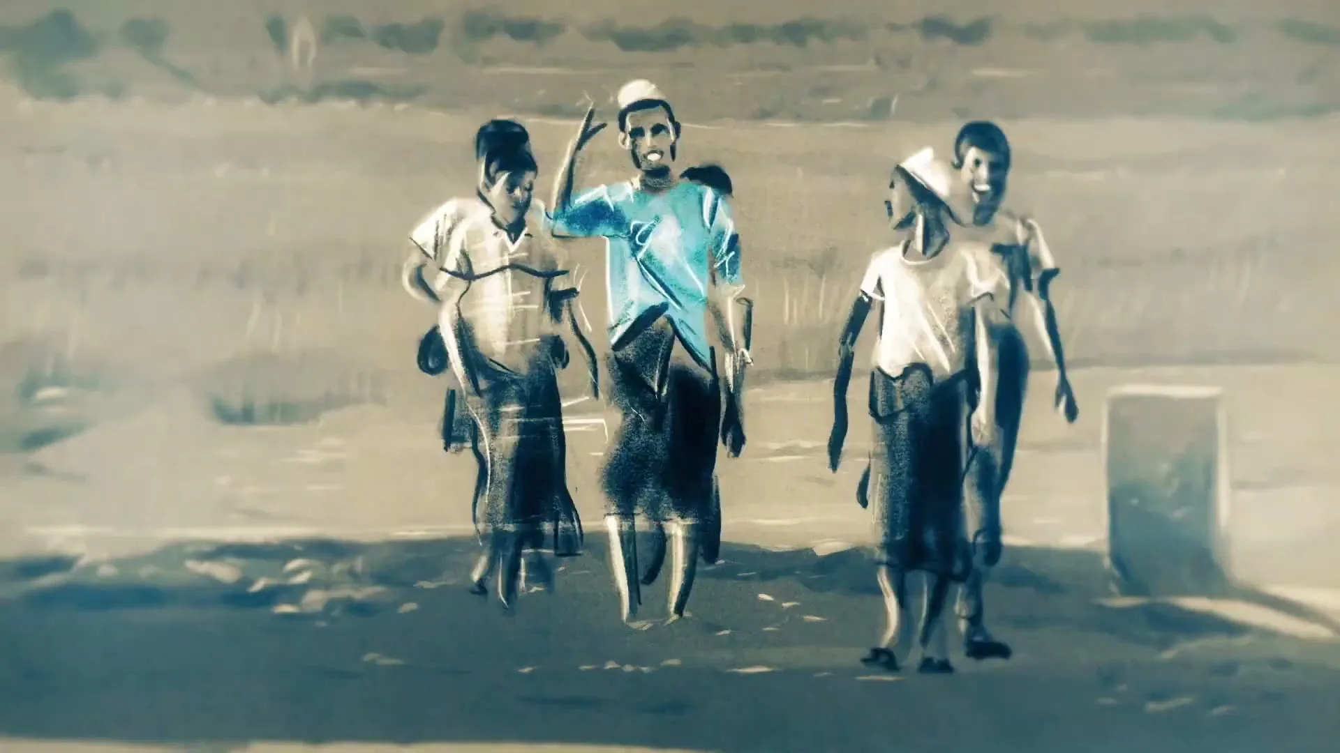 An animated group of people, including a man in a blue shirt waving, walk forward on a dirt path in a stylized, desaturated landscape.