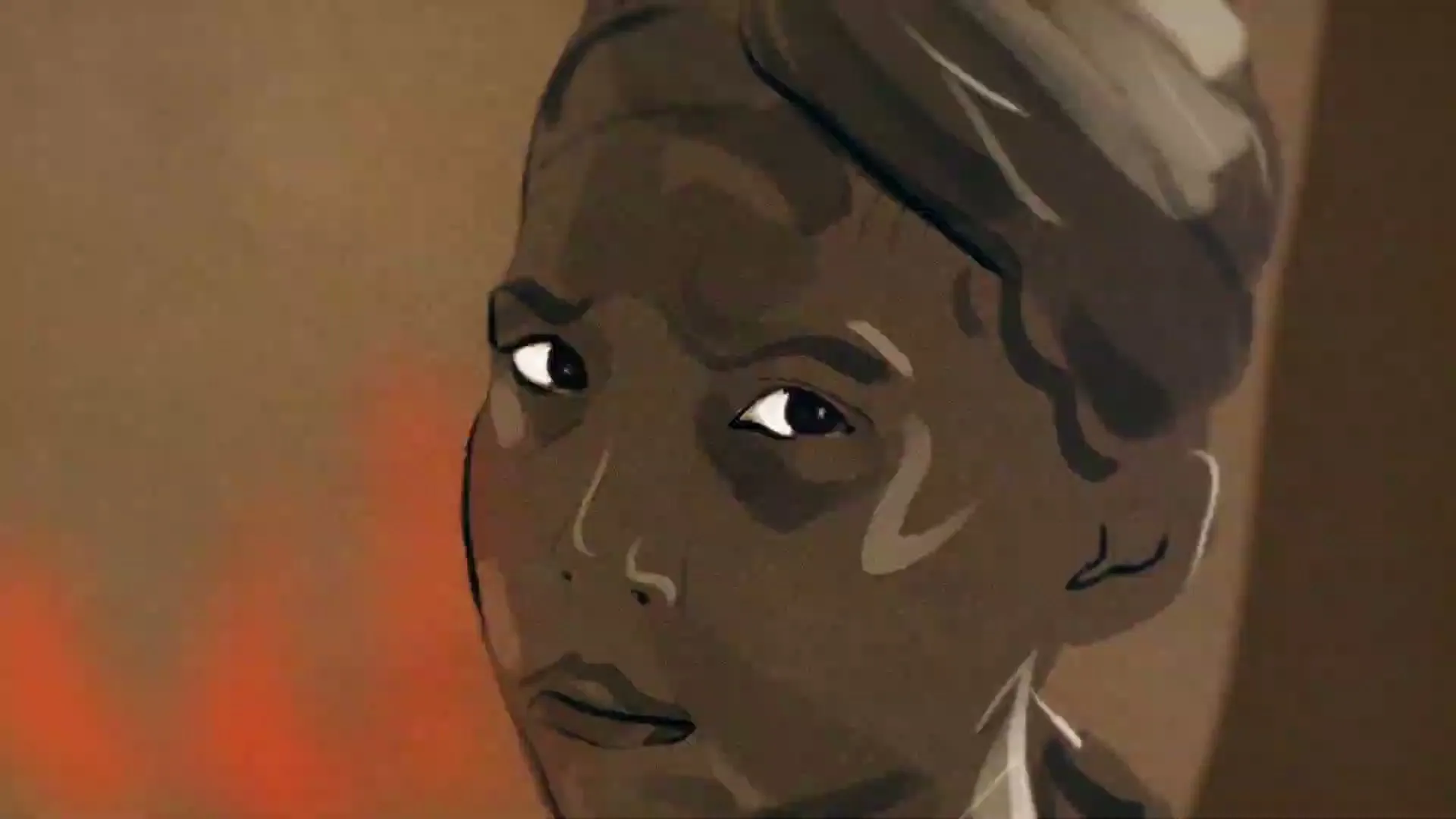 An animated child with dark skin and hair looks forward with a neutral expression, with a blurred background of orange and brown.