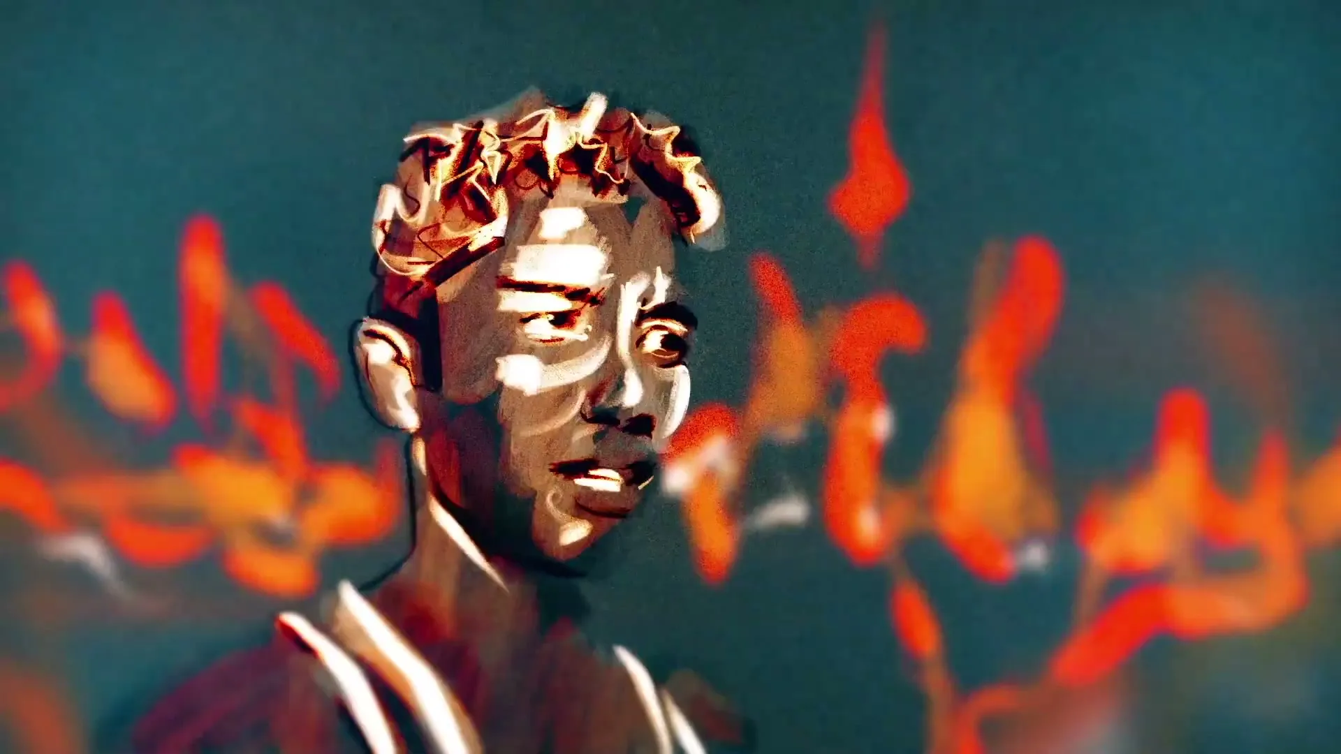 An animated young man with dark skin and curly hair looks worried, with blurry orange shapes in the background.