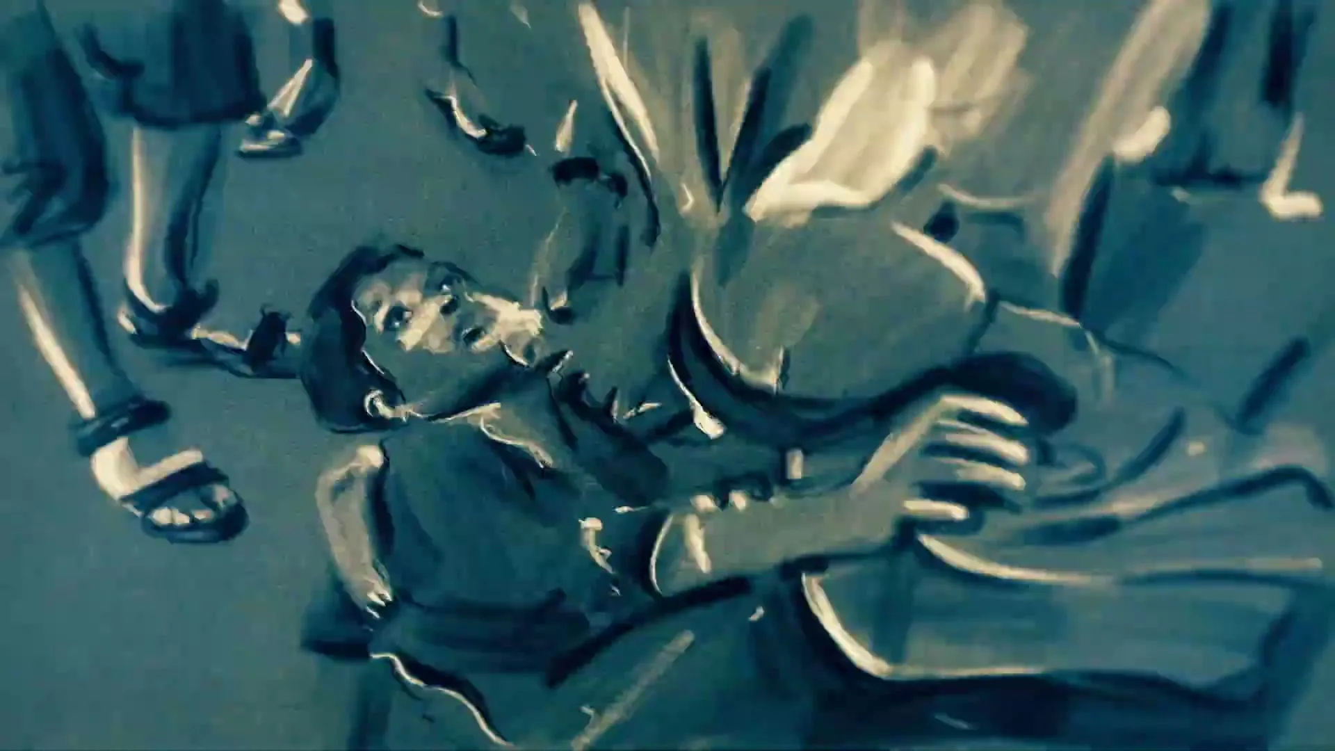 An animated child with dark skin and hair looks up at an adult, who is holding them, in a stylized, dark blue and white drawing.